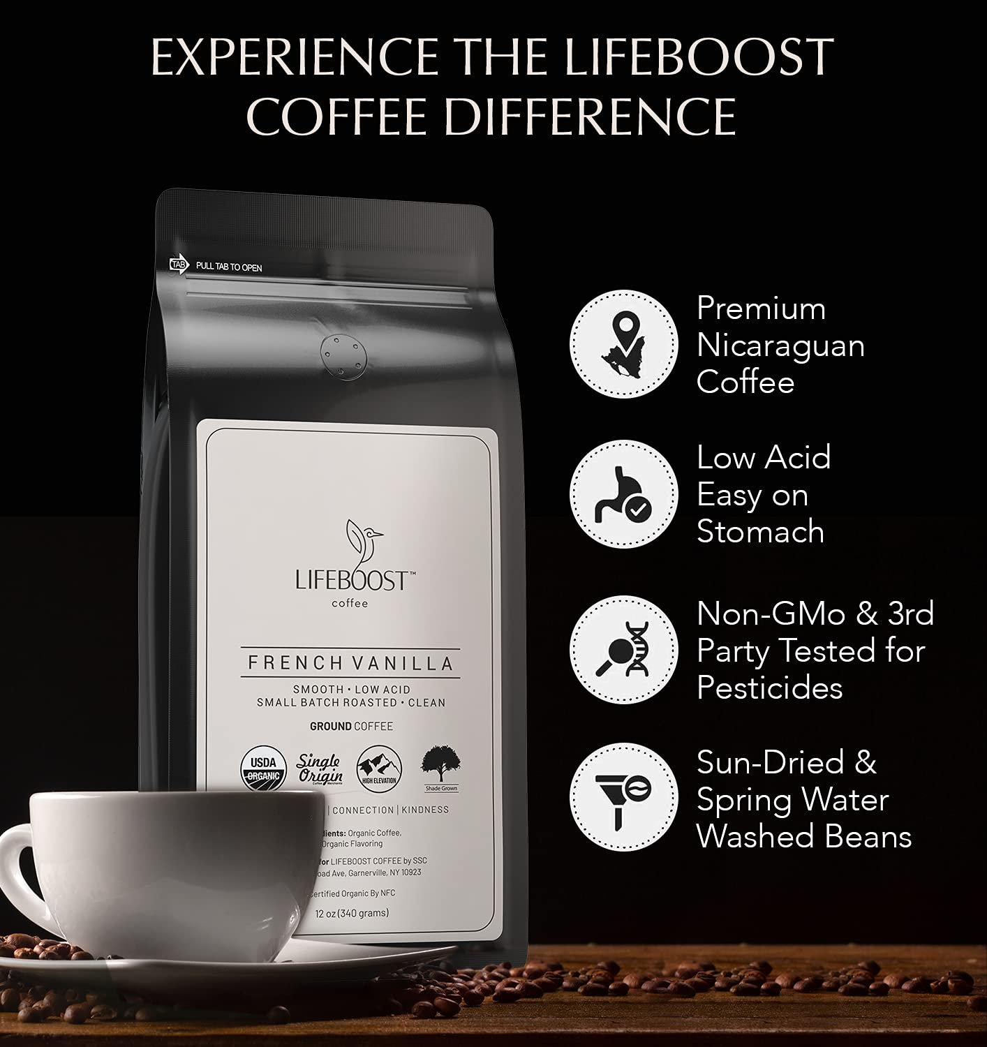 Lifeboost French Vanilla Ground Coffee - Non-GMO Low Acid Single Origin USDA Organic Coffee - Third Party Tested For Mycotoxins & Pesticides - 12 Ounces