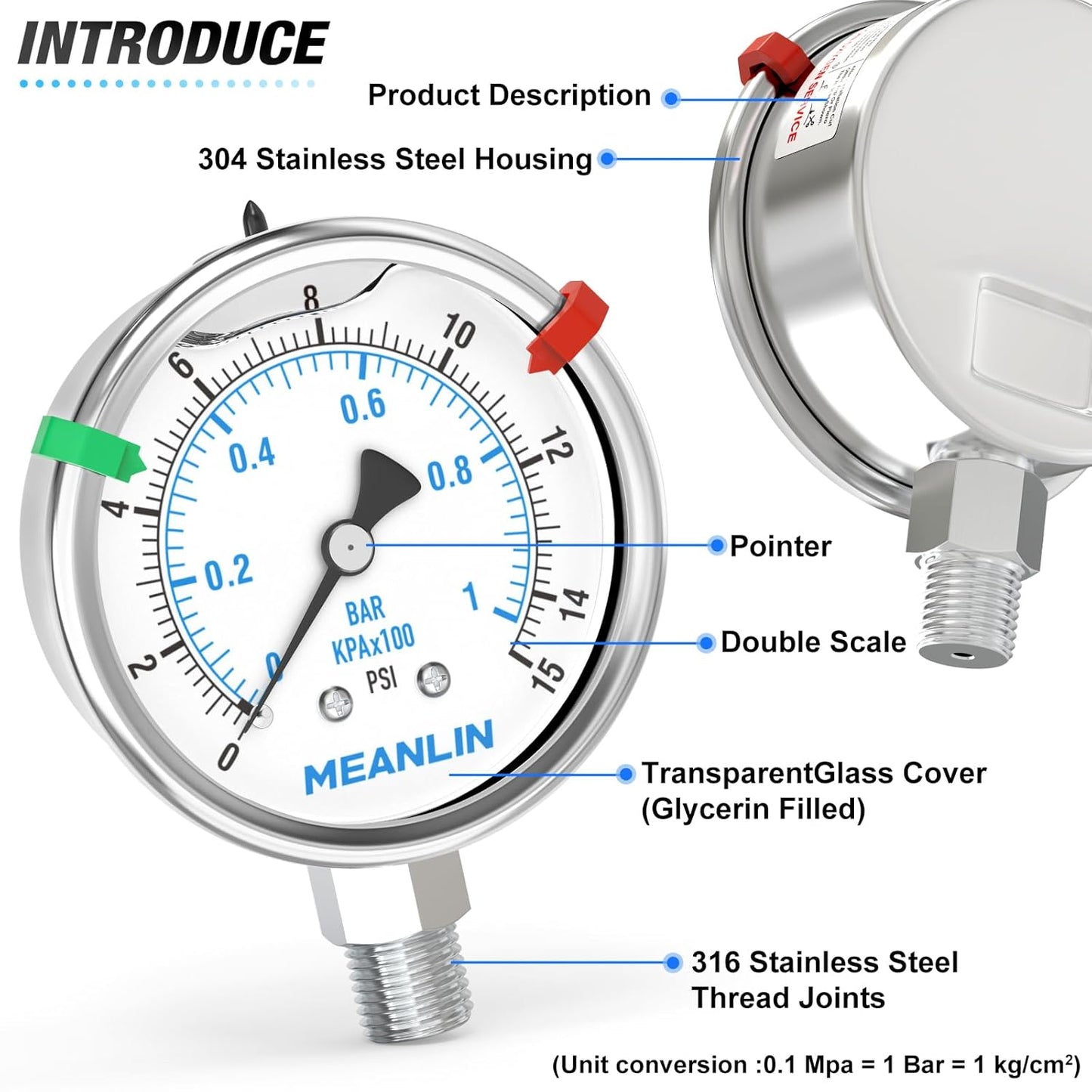 MEANLIN MEASURE 0~15Psi Stainless Steel Liquid Filled Pressure Gauge 2.5" FACE DIAL 1/4" NPT for Water Oil Air Well Pump Tank Tire Pressure Test Lower Mount with Stainless Steel Hex Bushing and Snaps