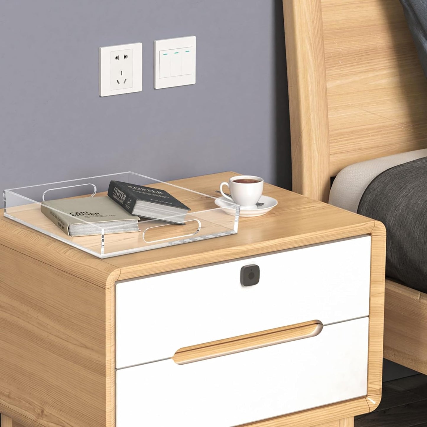 15 * 15 Acrylic Tray for Ottoman, Serving Tray with Handle, Lucite Tray Organizer for Bench, Coffee Table Countertop, Kitchen, Bathroom, Living Room, Powder Room