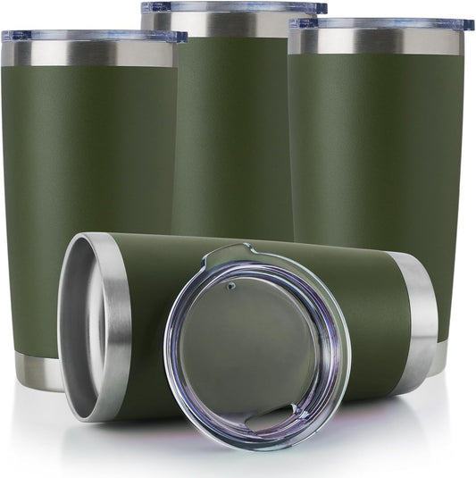 DOMICARE 20oz Stainless Steel Tumbler Bulk with Lid, Double Wall Vacuum Insulated Travel Mug, Powder Coated Coffee Cup (Army Green, 4)