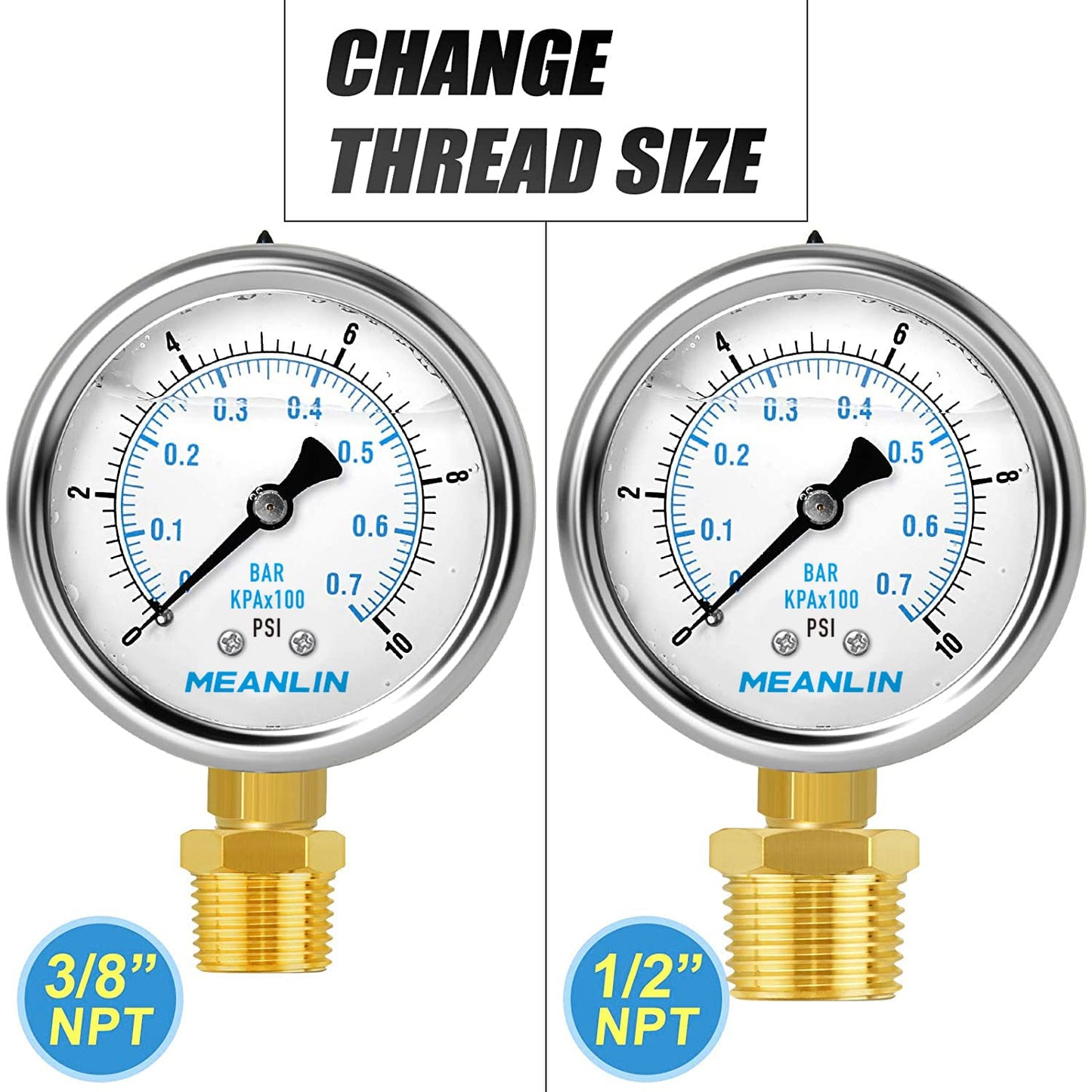 MEANLIN MEASURE 0~10Psi Stainless Steel 1/4" NPT 2.5" FACE DIAL Liquid Filled Pressure Gauge WOG Water Oil Air Lower Mount, with 1/2" NPT and 3/8" NPT Hex Bushing