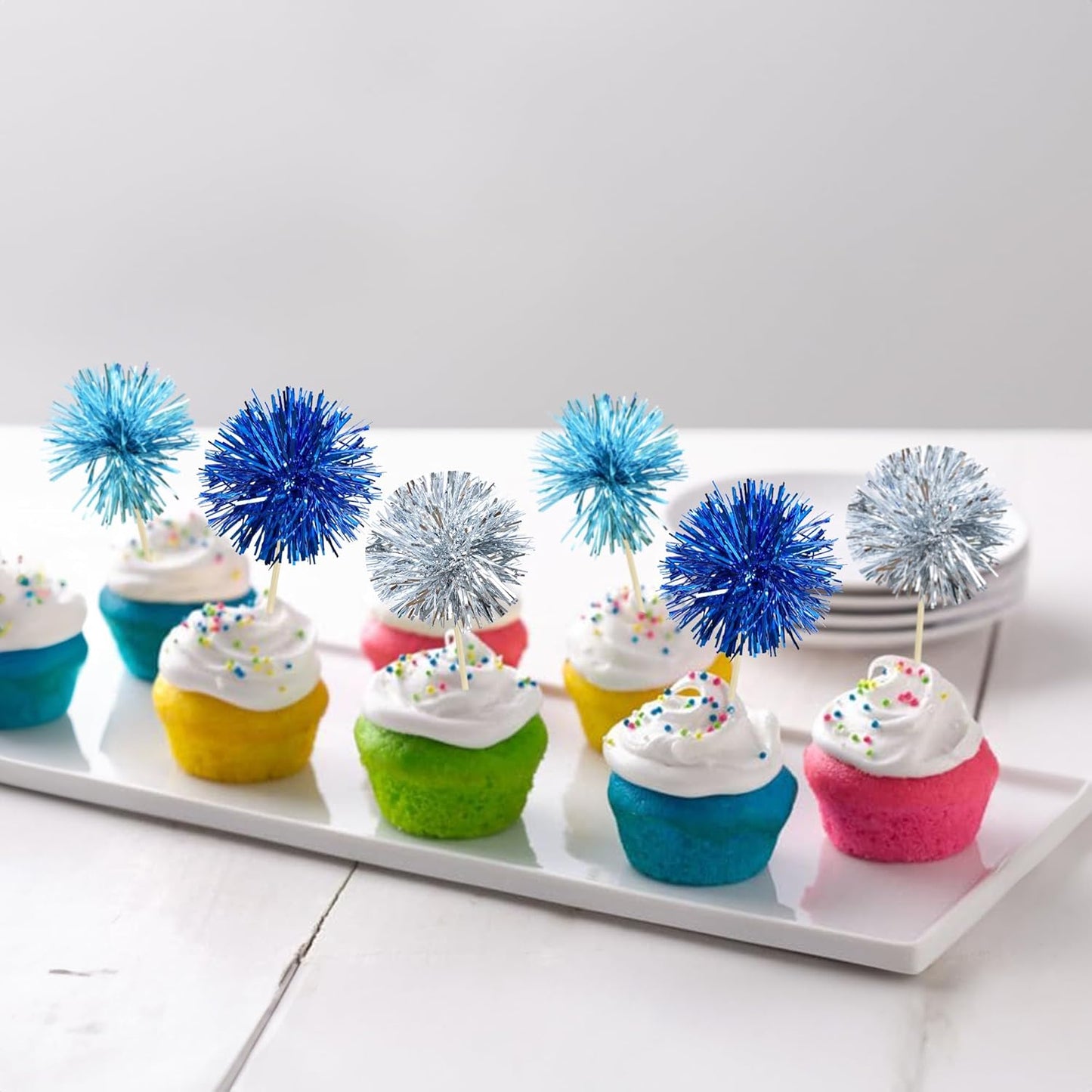 Gyufise 30Pcs Foil Firework Cupcake Toppers Sparkle Tinsel Cake Toppers Tinsel Drink Cake Decoration Cocktail Picks for Birthday Wedding Graduation Party Supplies Blue Silver