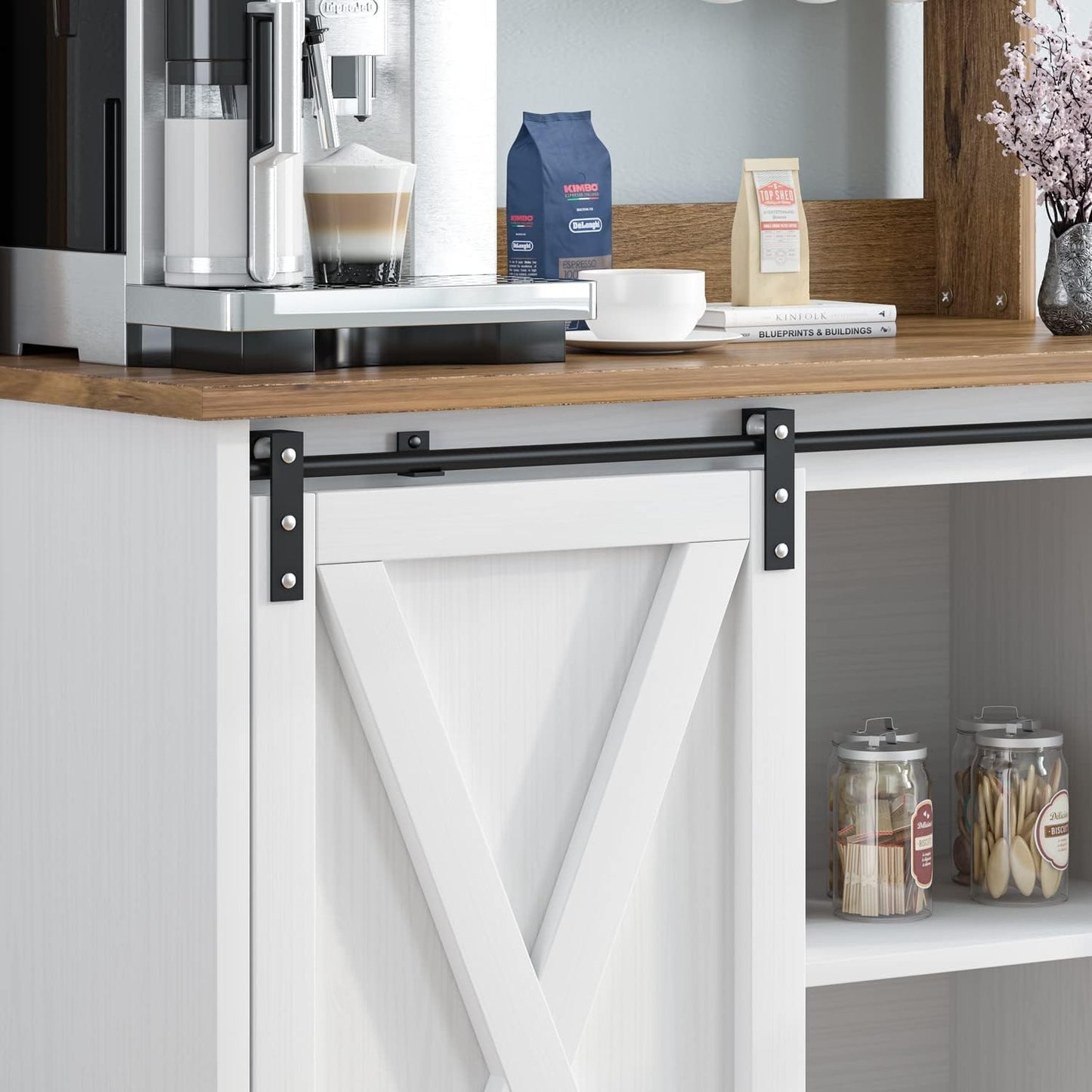 4ever2buy Farmhouse Coffee Bar Cabinet with Storage, White Coffee Bar with Hutch and 6 Hooks, 31.5 Inch Hutch Cabinet with Sliding Barn Door and Adjustable Shelves for Living Room
