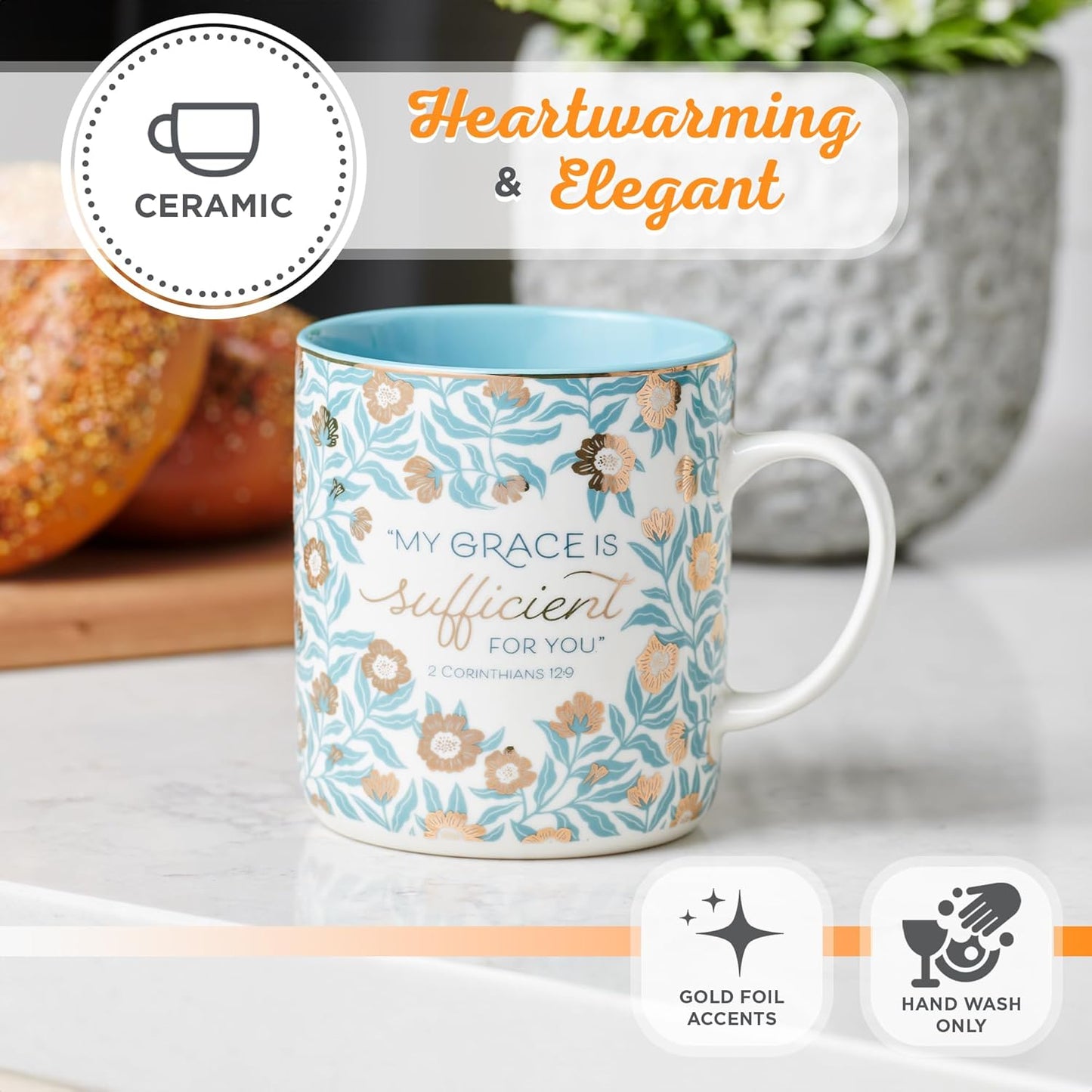 Christian Art Gifts Teal Floral Ceramic Coffee Mug – 14 oz. Lead and Cadmium-free Inspirational Scripture Coffee and Tea Mug for Women with Bible Verse: My Grace is Sufficient – 2 Corinthian 12:9
