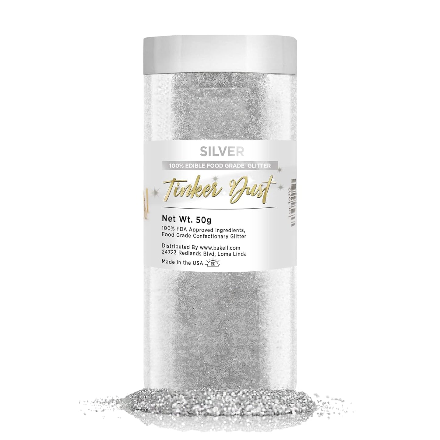 Bakell - Tinker Dust Silver Edible Glitter - for Cakes, Cupcakes, Cake Pops, Drinks and Beverages, 1x 50g Jar
