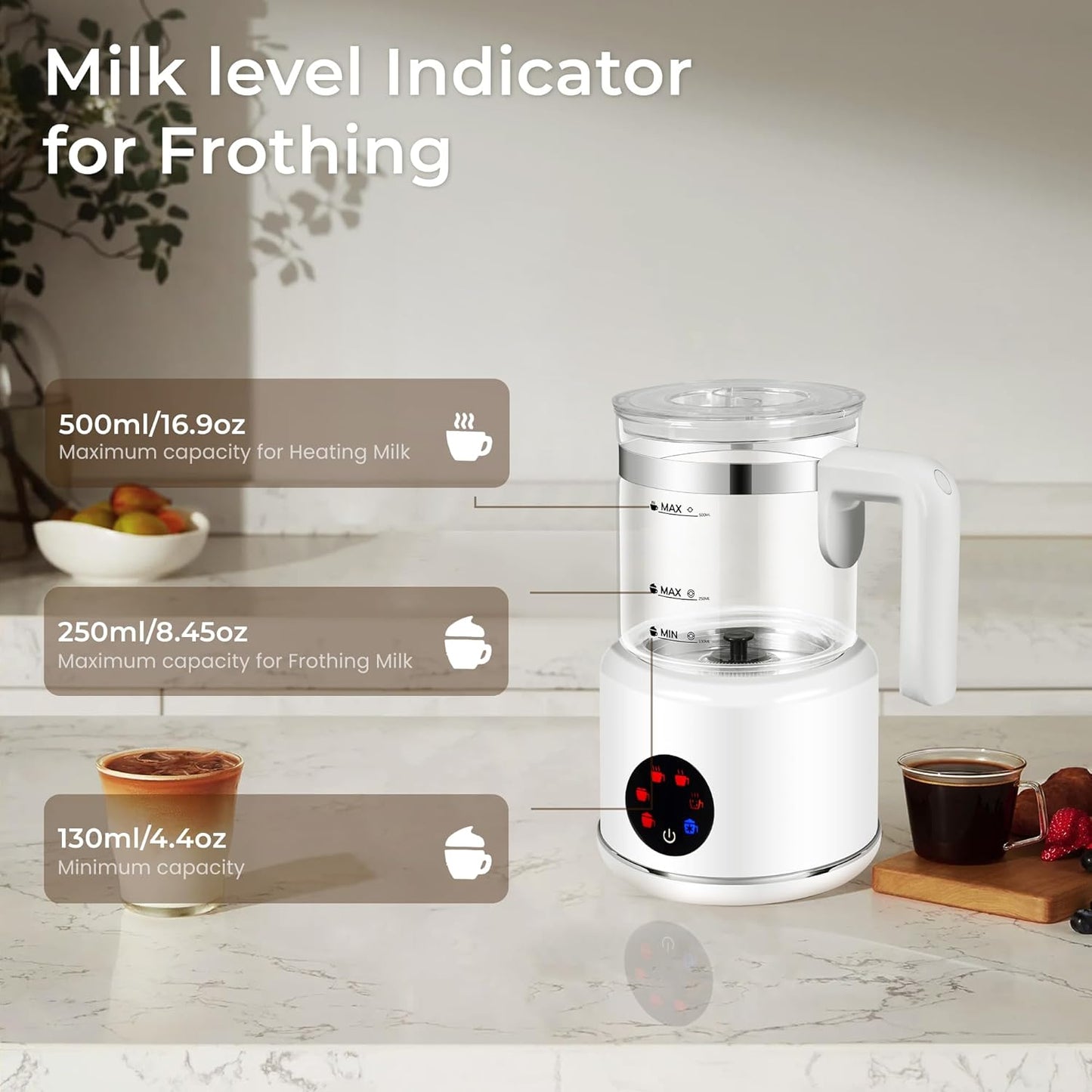 Electric Milk Frother, 6 in 1 Milk Steamer,17oz Automatic Warm and Cold Foam Maker for Coffee,Latte, Cappuccino, Macchiato, Hot Chocolate (White)