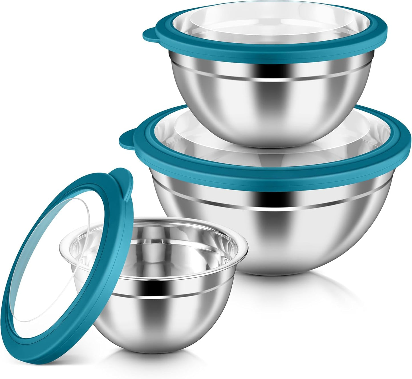 HaWare Mixing Bowls with Airtight Clear Lids, 6-Piece Stainless Steel Strong Nesting Bowls Set, Metal Salad Bowl for Cooking, Prepping, Baking, Serving & Food Storage, Size 4.6, 3, 1.5QT, Teal Blue