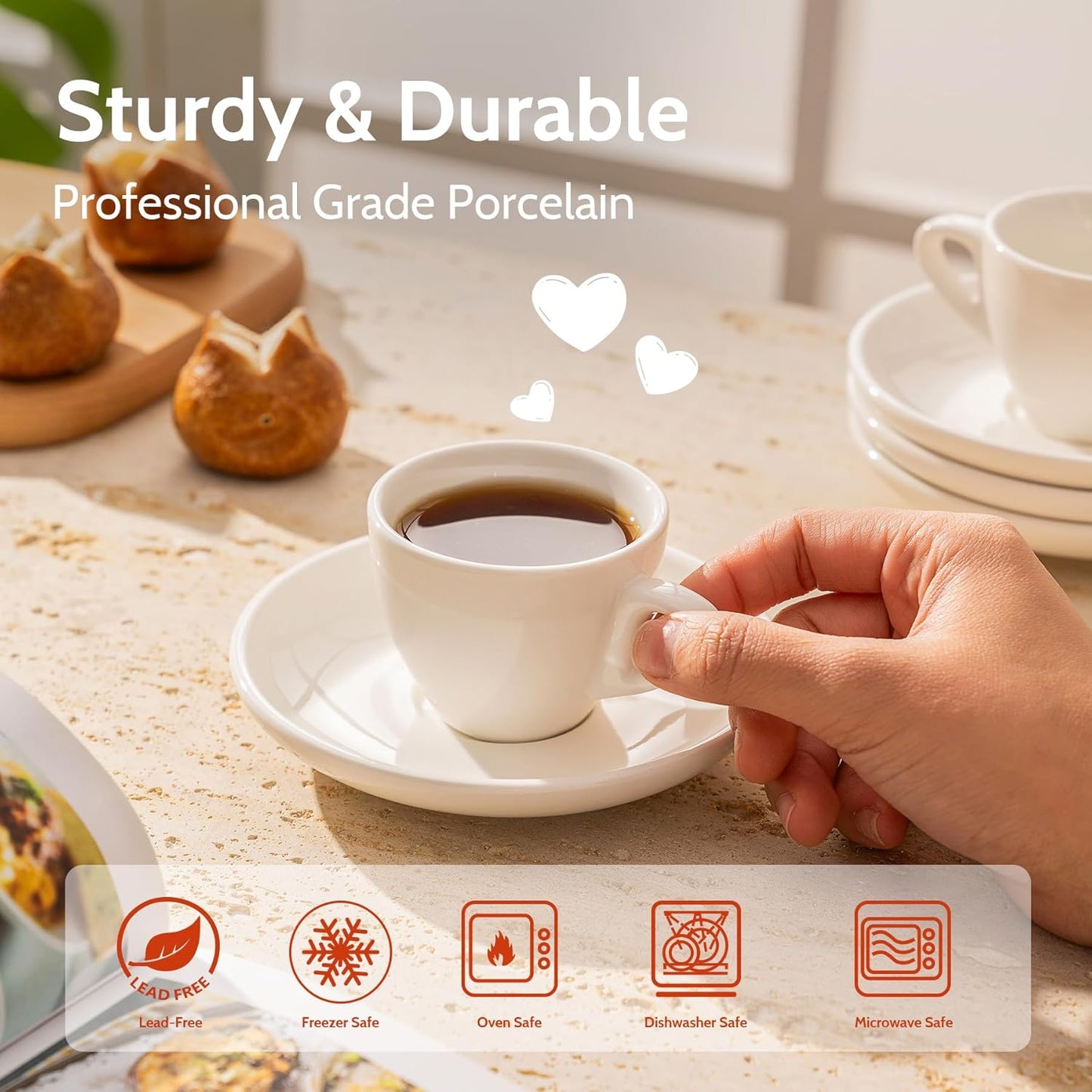 Sweese 4oz Porcelain Espresso Cups with Saucers, Set of 6 - Ideal for Espresso, Cappuccino, Latte, Tea - White