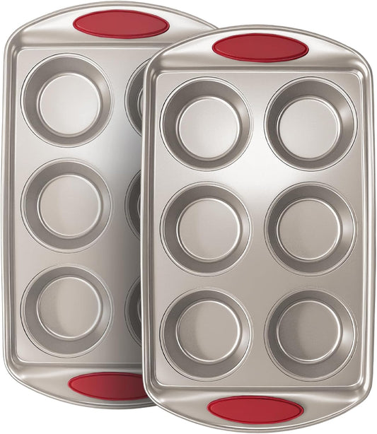 Muffin Pan 6-Cup, 2-Pack Nonstick 6 Tin Cupcake Pan with Silicone Grip Handles, Toaster Oven Baking Supplies Small Cheesecake Cup Cake Tray- Non-toxic & Dishwasher Safe