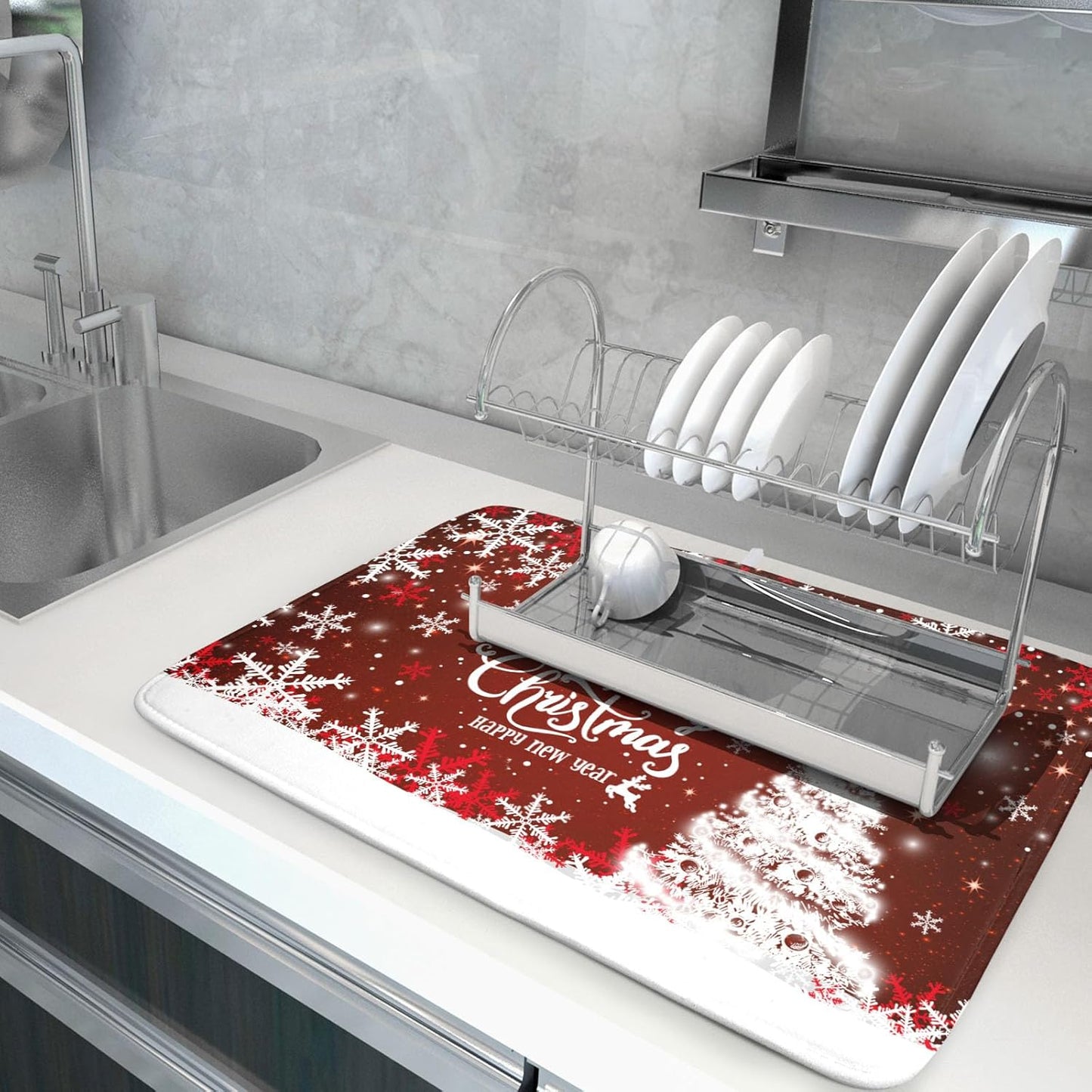 Happy New Year Red Dish Drying Mat for Kitchen Counter,Merry Christmas Tree Snowflake Drying Mat 18 x 24 Inch with High Absorbent Reversible Microfiber Dish Drying Pad Drainer Mat for Coffee Bar