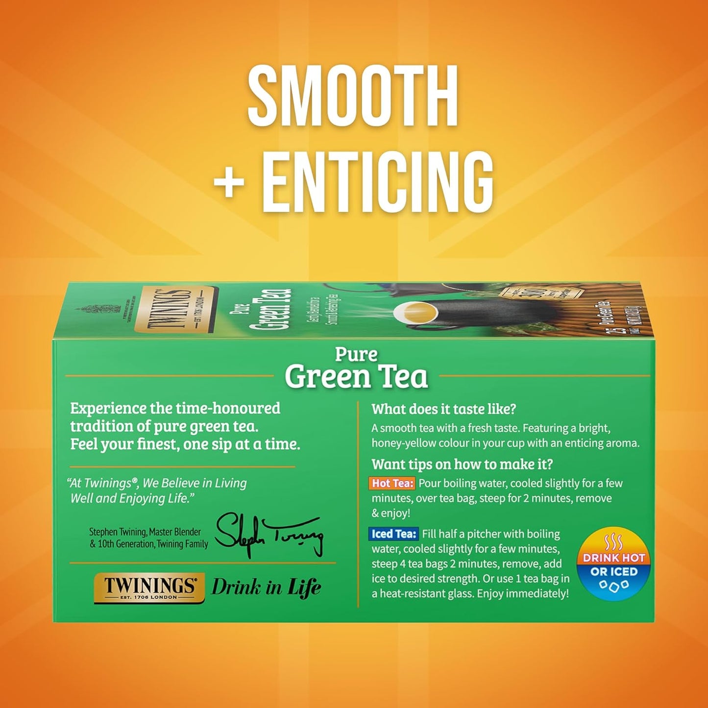 Twinings Pure Green Tea Individually Wrapped Bags, 25 Count (Pack of 6), Smooth Flavour, Enticing Aroma, Caffeinated, Enjoy Hot or Iced, 150 Teabags