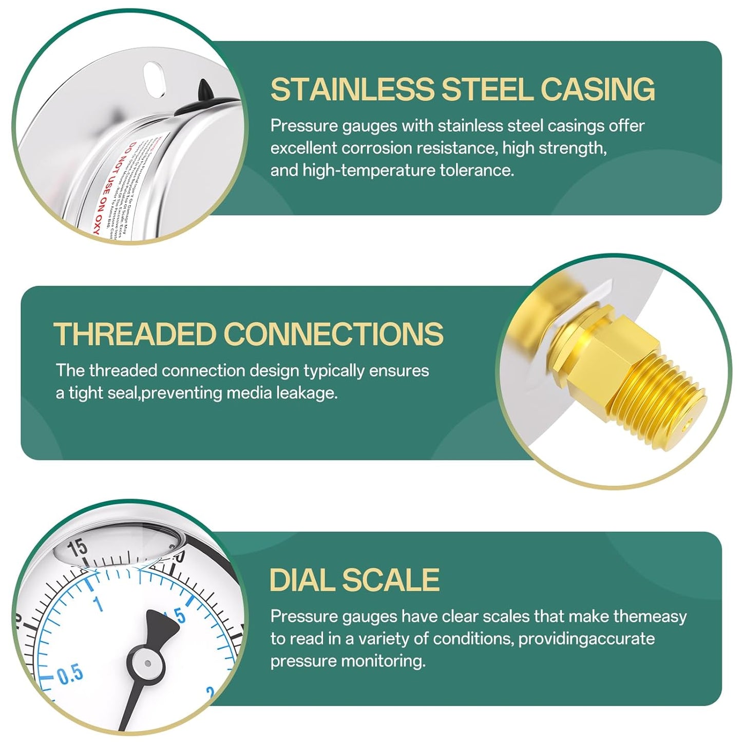 0-30PSI Panel Mount Front Flanged Glycerin Filled Pressure Gauge, 2.5" Dial Size, 1/4" MNPT Back Mount, Stainless Steel Case, with Phillips Screw and Nut, for Water, Gas, Liquid Pressure