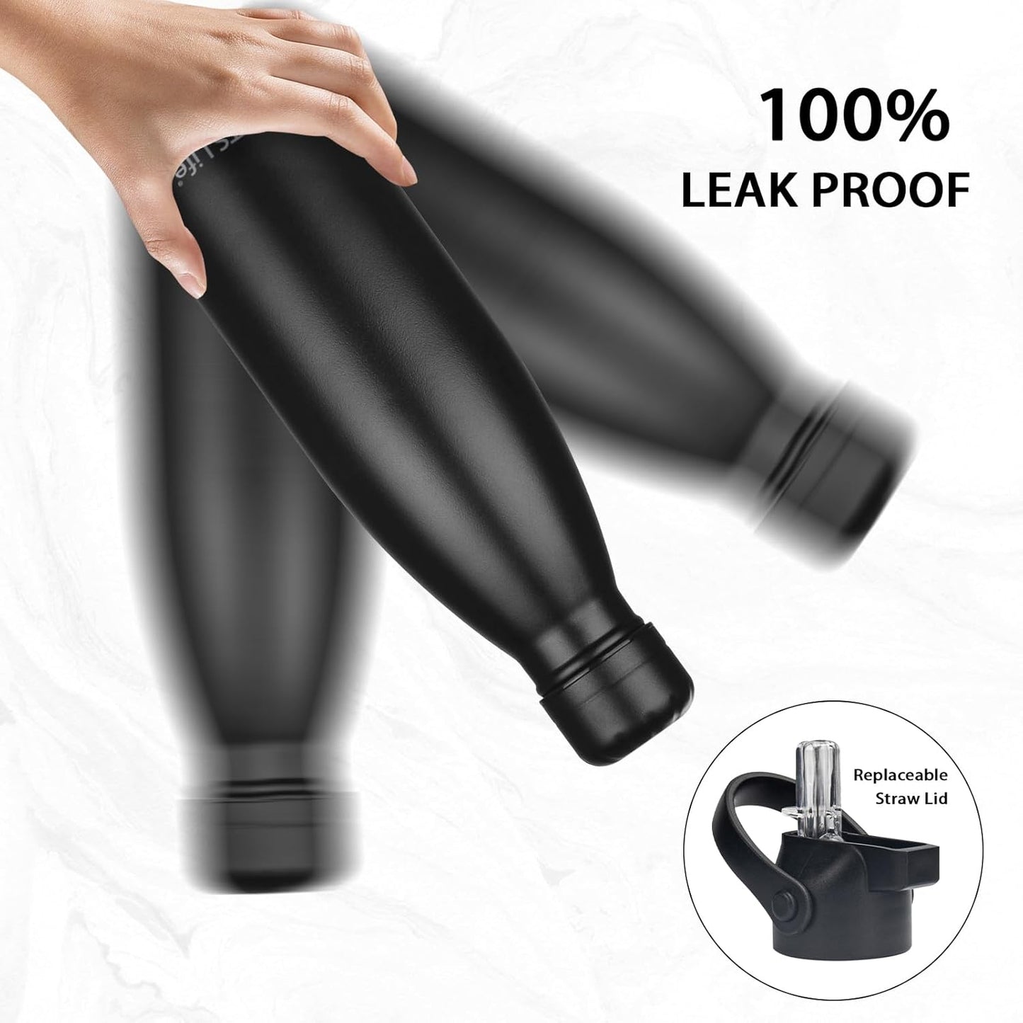 Insulated Water Bottle, 2 Pack-17oz Stainless Steel Water Bottles with straw lid, Metal Sports Water Bottles for Boys,Girls, Double Wall Vacuum BPA-Free Flask for School, Sports(Black-Sliver)