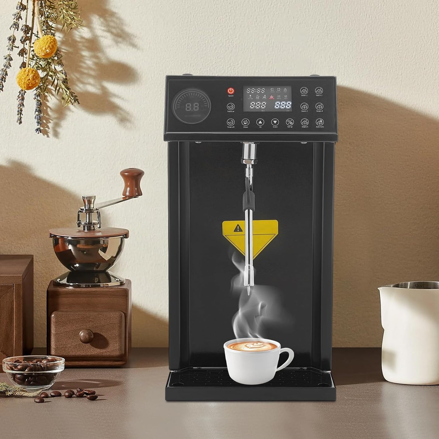 8L/2.11gal Commercial Steam Milk Frother, 3000W 5-Gear Fast Heating Milk Steamer Machine Electric Steam Milk Frothing Machine Espresso Coffee Milk Foam Machine for Bar Cafe