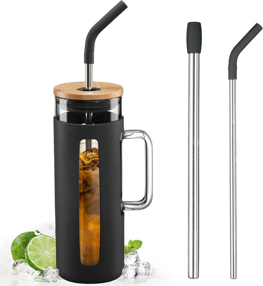 Kodrine Tumbler with Lid and Straw, 20 oz Glass Coffee Tumbler with Handle, Smoothie Cup with Bamboo Lid | Time Marker | Silicone Protective Sleeve, BPA Free - Black