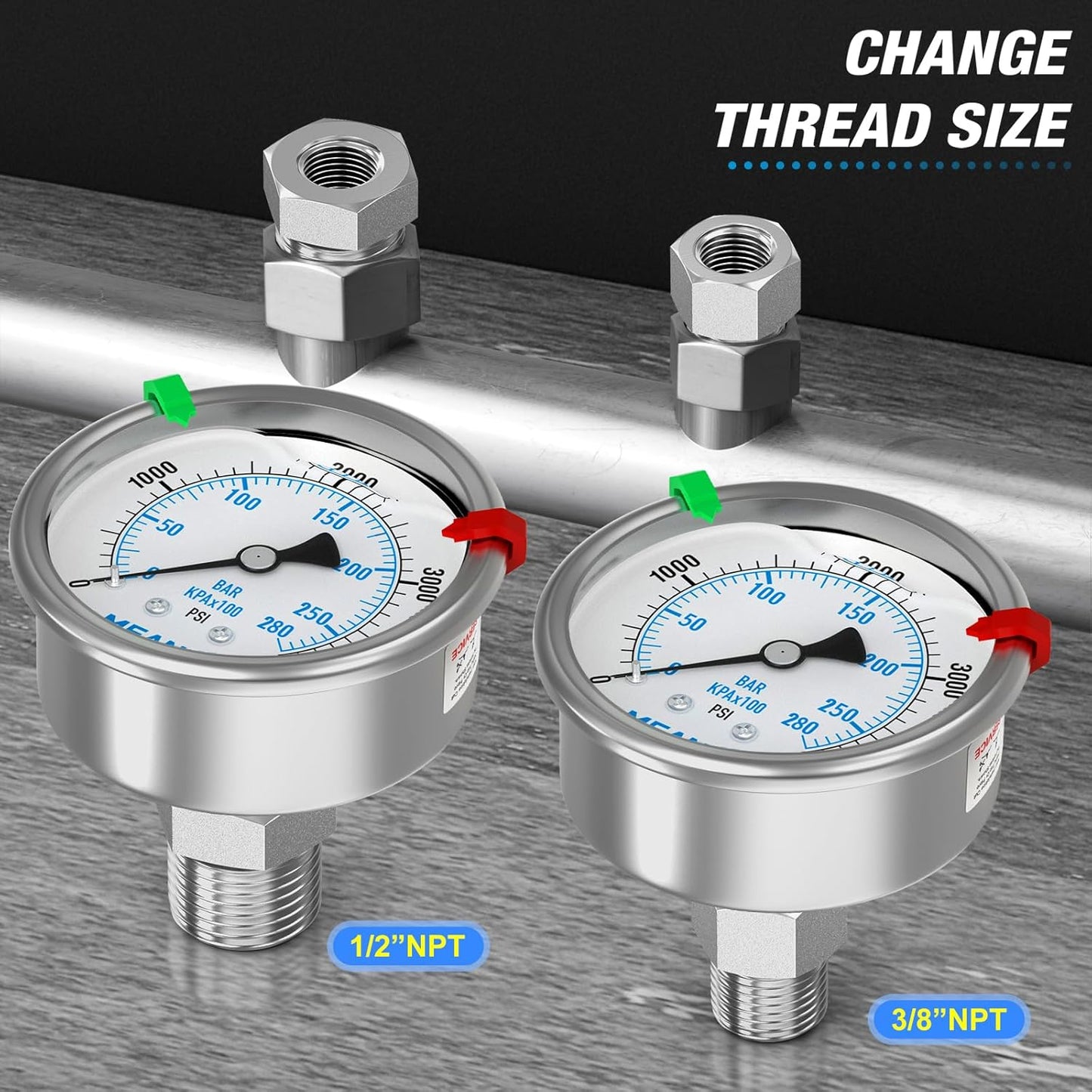 MEANLIN MEASURE 0~4000Psi Stainless Steel Liquid Filled Pressure Gauge 2.5" FACE DIAL 1/4" NPT for WOG Water Oil Air Back Mount with Stainless Steel Hex Bushing and Snaps