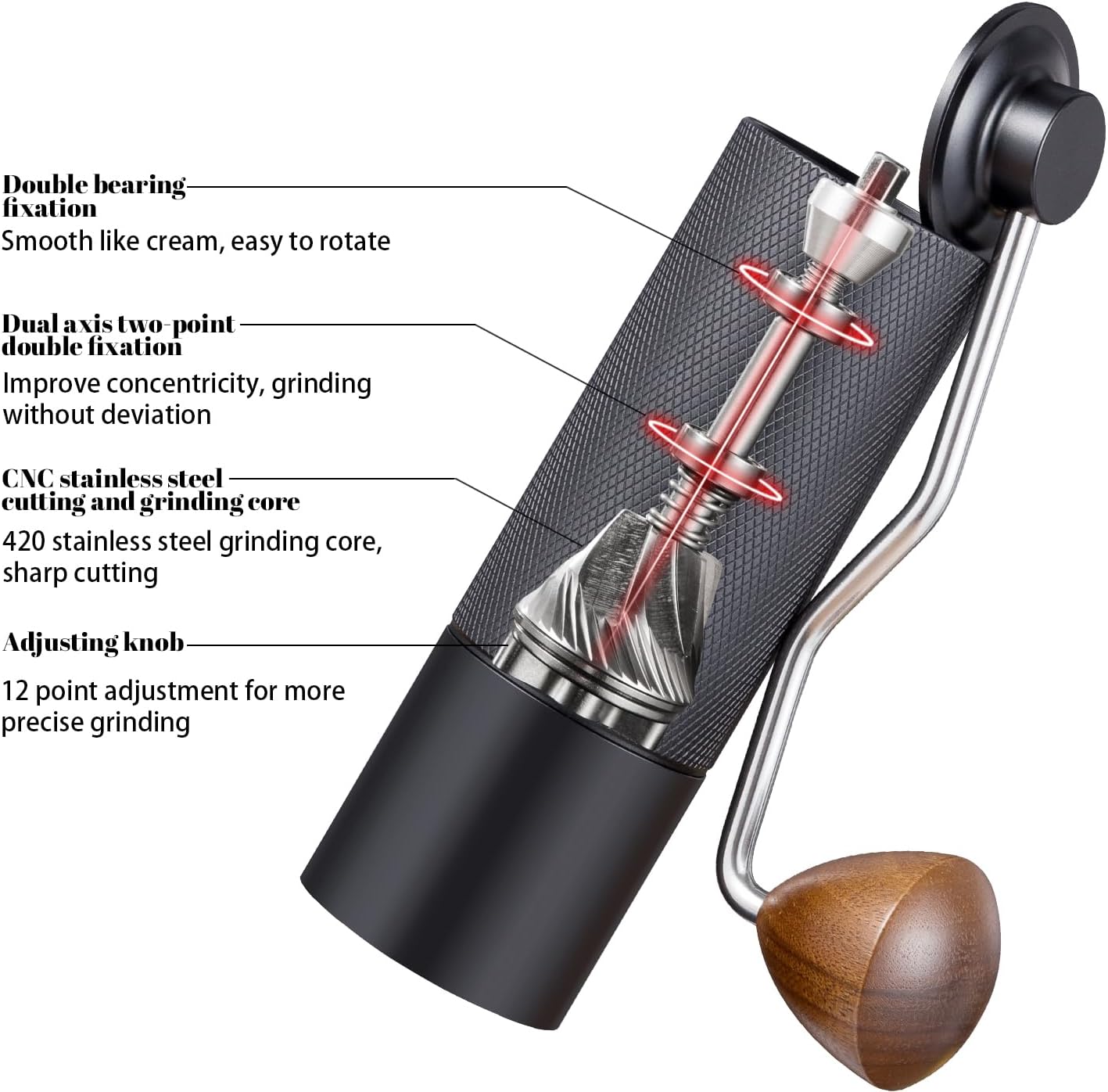 Generic Manual coffee grinder Capacity 25 grams, stainless steel tapered burrs - wooden handle - adjustable internal settings, dual bearing positioning, MCG2401, Black