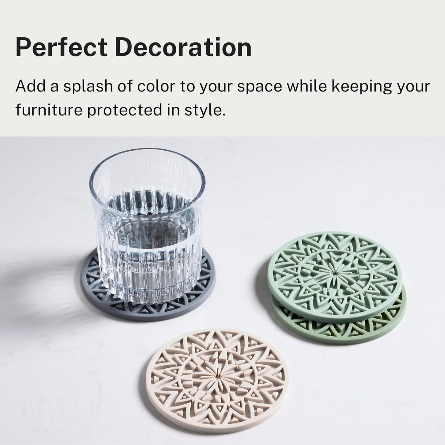 Set of 6 Olive Green Silicone Coasters with Holder, Drink Coasters with Tribal Pattern Shape- for Table Protection, Anti Slip, Nonstick, Heat Resistant, Deep Tray