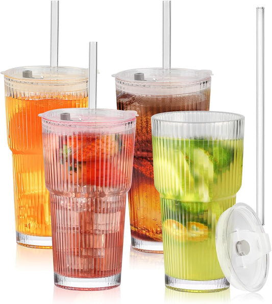 20oz Glass Cups with Lids and Straws, 4 Pack Vintage Ribbed Glass Tumblers for Iced Coffee, Smoothies, Thickened Wall Mason Jar Drinking Iced Coffee Cup