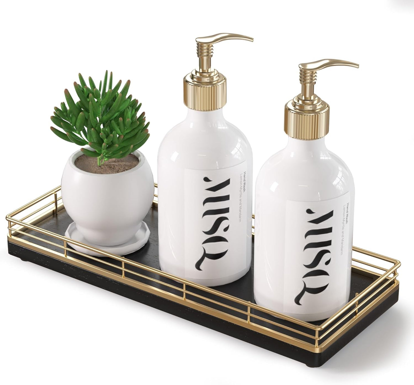 Wooden Decorative Tray, Oak 11.2" L Coffee Table Tray for Kitchen Countertop Soap Sponge Holder Candle Nightstand Table Centerpieces for Dining Room Decor Black Gold