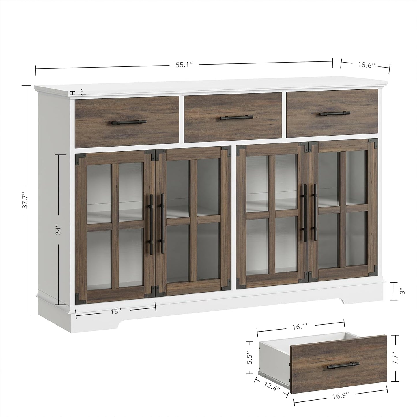 IRONCK Buffet Cabinet with Storage, 55" Large Sideboard Buffet Storage with LED Lights, Farmhouse Coffee Bar Wood Liquor Cabinet for Kitchen, Dining Room, White and Oak