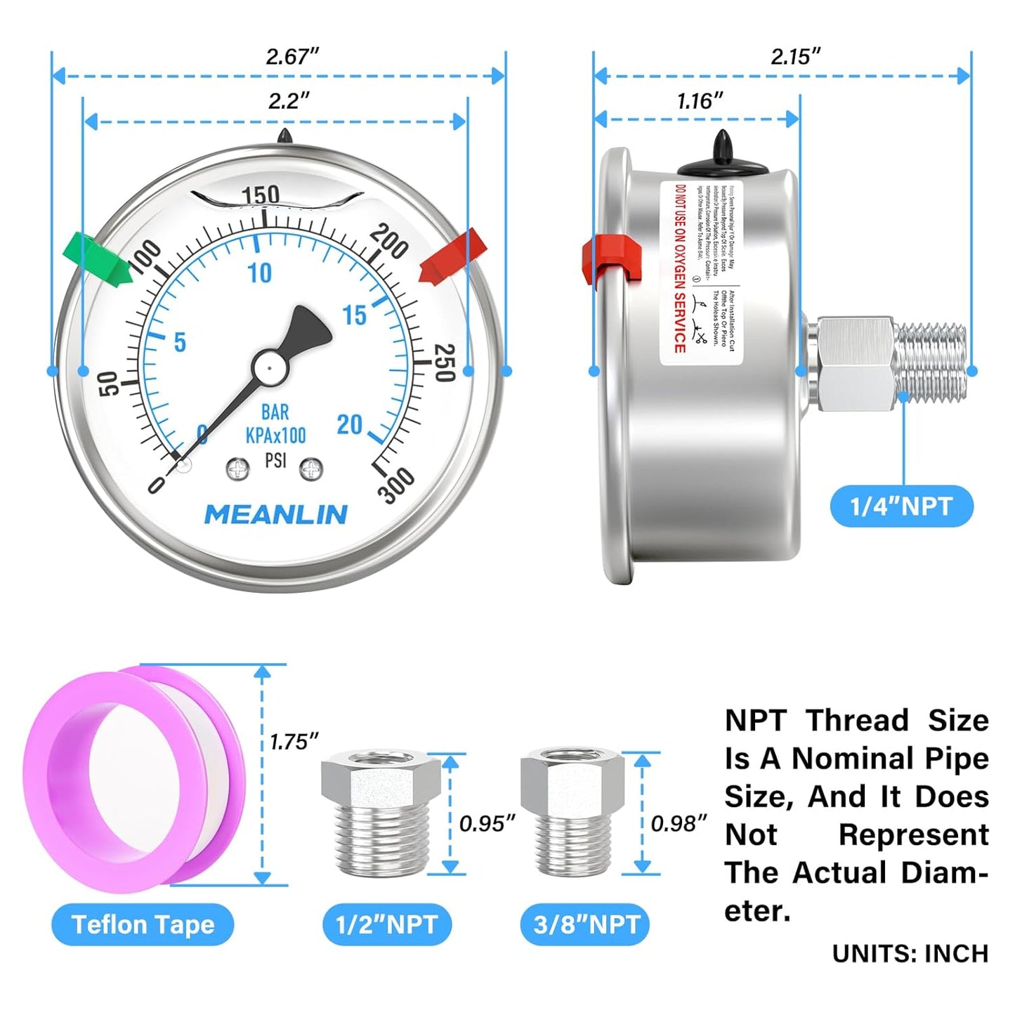 MEANLIN MEASURE 0~300Psi Stainless Steel Liquid Filled Pressure Gauge 2.5" FACE DIAL 1/4" NPT for Air Compressor Air Regulator Water Filter Back Mount with Stainless Steel Hex Bushing and Snaps