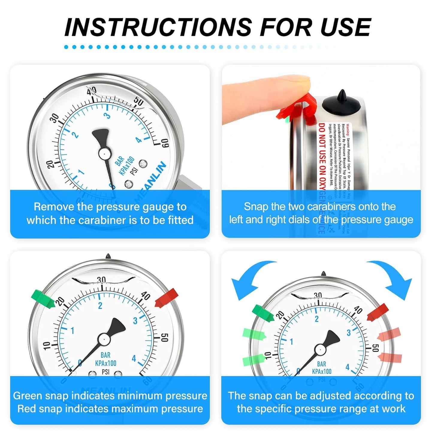 MEANLIN MEASURE 0~60Psi Stainless Steel Liquid Filled Pressure Gauge 2.5" FACE DIAL 1/4" NPT for Pool Filter Pump Water Oil Air Compressor Lower Mount with Stainless Steel Hex Bushing and Snaps