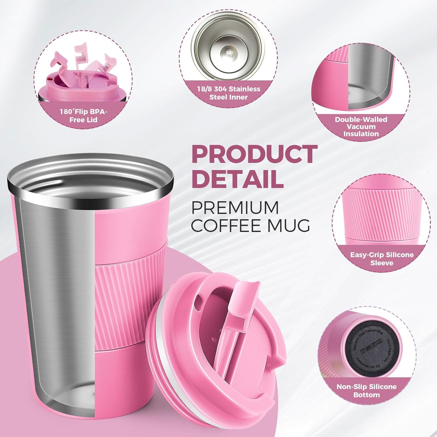 Volhoply 13 oz Stainless Steel Insulated Travel Coffee Mug with Fip Lid Bulk 2 Pack,Reusable Double Wall Vacuum Metal Coffee Cup,Portable Leak Proof Thermal Tumbler for Hot & Cold Drinks(Pink,2)