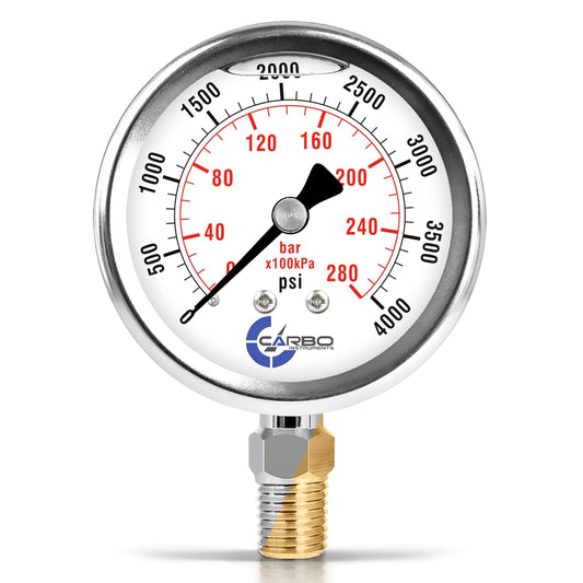 Stainless Steel Pressure Gauge Dual Display (0-4000 psi/kPa) - 2 1-2" Glycerine Liquid Filled Water Air Oil Gas Gauge with Polycarbonate Lens & Brass Connection- 1/4" NPT Lower Mount