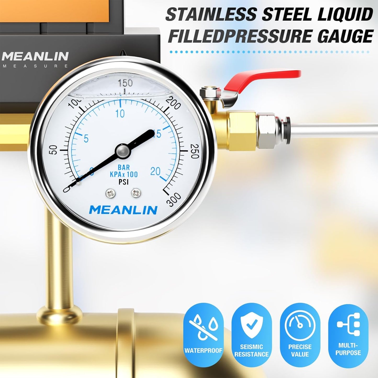 MEANLIN MEASURE 0~300Psi Liquid Filled Pressure Gauge Stainless Steel with 316 Stainless Steel Joint 1/4" NPT 2.5" FACE DIAL for Air Compressor Air Regulator Water Filter Center Back Mount