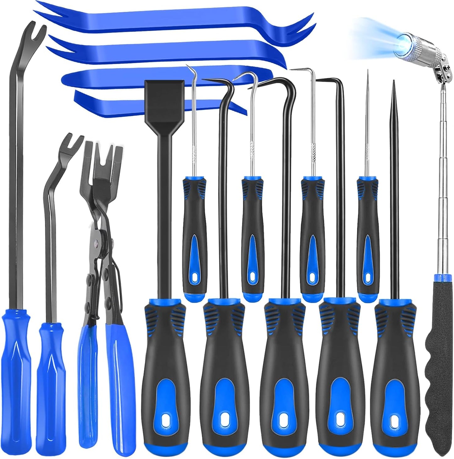 17Pcs Mechanic Hook and Pick Tool Set & Car Trim Removal Kit with Fastener Clip Pliers,Rivet Puller,Magnetic Pickup,Gasket Scraper,Non-Scratch Plastic Pry Tools for Automotive Repair-Blue