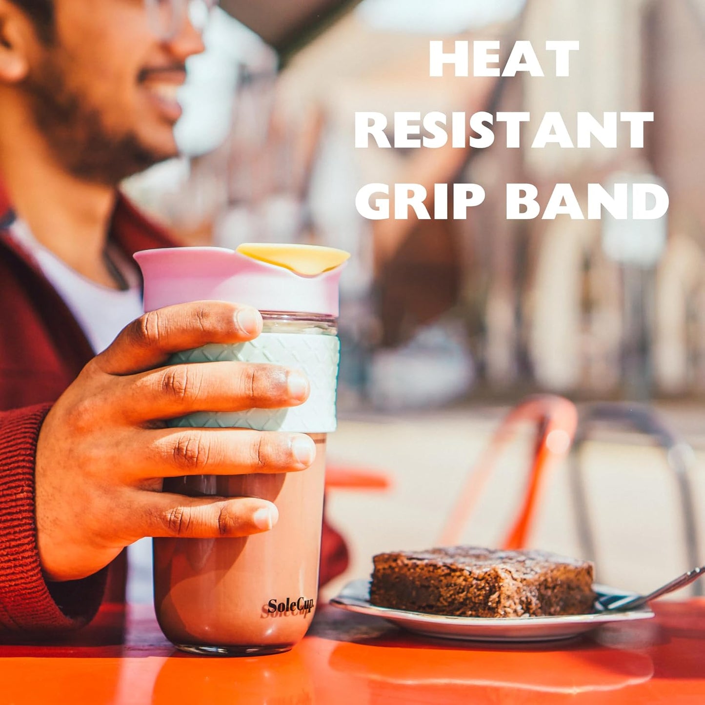 Large Travel Mug Loose Tea Infuser - Detachable Tea Strainer with Spill Proof Lid - 18oz/530ml BPA-Free Reusable Glass Travel Coffee Cup with Silicone Band (Pink) (Ice Cream)