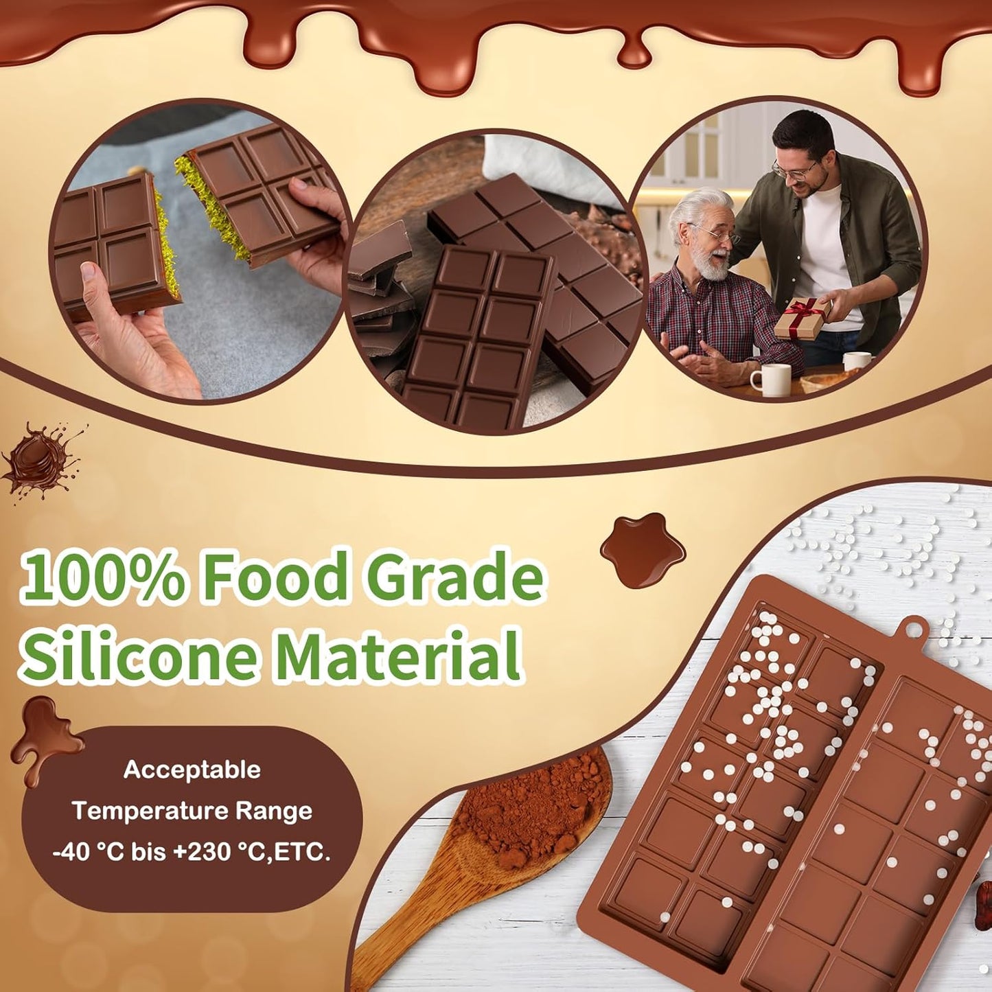 Chocolate Bar Mold,2 Pack 2 in 1 Dubai Chocolate Molds and Scraper for Stuffed Bar,Deep Large and Thick Chocolate Candy Bar Mold for Filling Knafeh Pistachio Kit