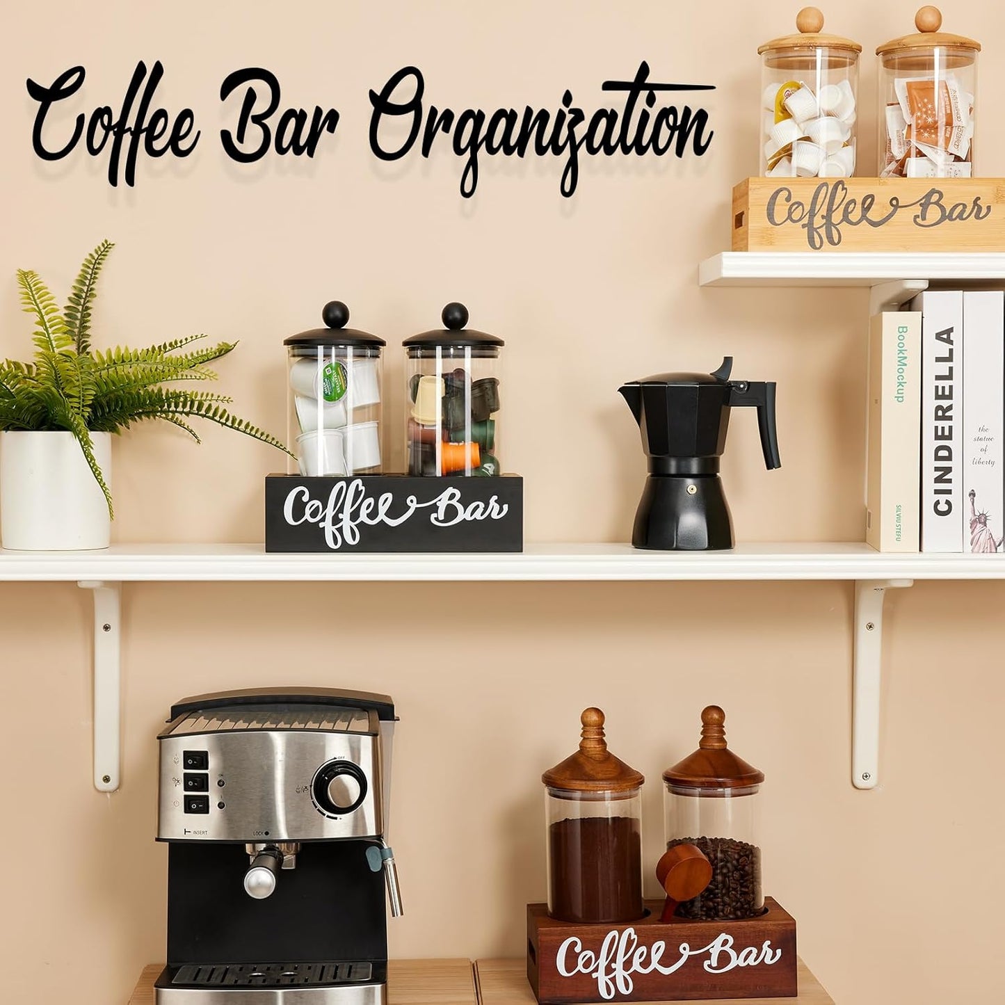 Yangbaga Glass Sugar Coffee Canister for Ground Coffee,2×55OZ Coffee Containers with Handle Shelf Coffee Bar Station Accessories Organizer Decor,Food Storage Jars with Iron Coffee Scoop for Kitchen