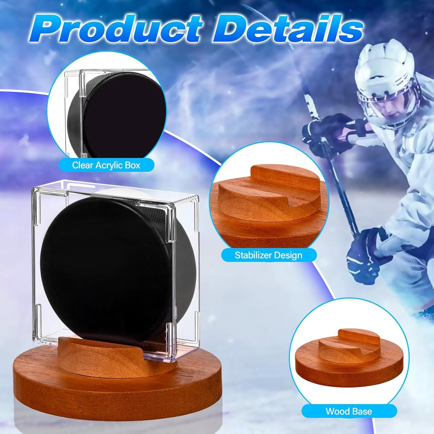 Hockey Puck Display Case - Acrylic Box, Hockey Puck Holder with Wooden Base, Hockey Pucks Storage Stand for Collection Memorabilia (1 Pack, Square)