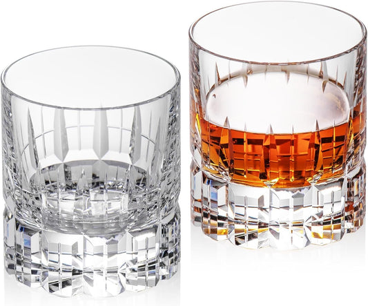KAMMAK Crystal Whiskey Glasses Set of 2, Luxury 7.78oz Old Fashioned Glasses Stemless, Hand Blown Cocktail Glasses, Handcrafted Engraved Scotch Cup for Women, Men Gift for Bourbon Barware
