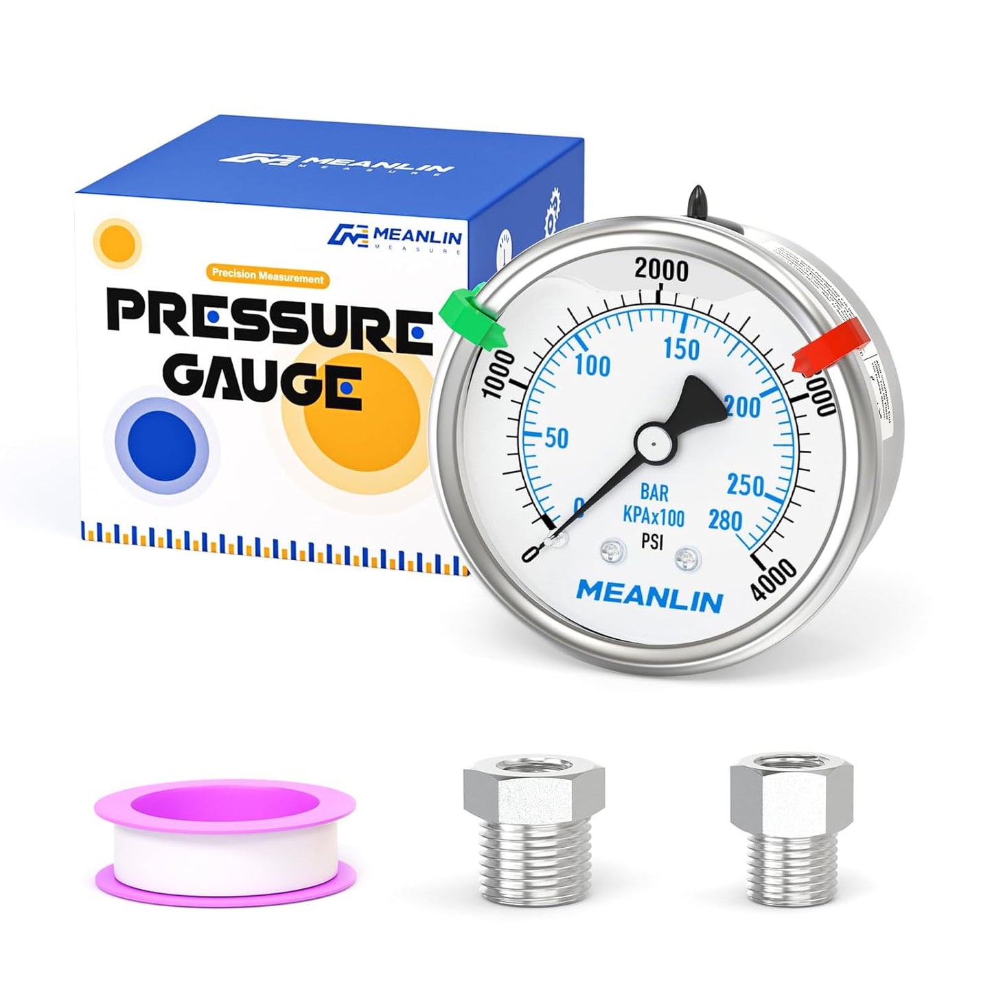 MEANLIN MEASURE 0~4000Psi Stainless Steel Liquid Filled Pressure Gauge 2.5" FACE DIAL 1/4" NPT for WOG Water Oil Air Back Mount with Stainless Steel Hex Bushing and Snaps