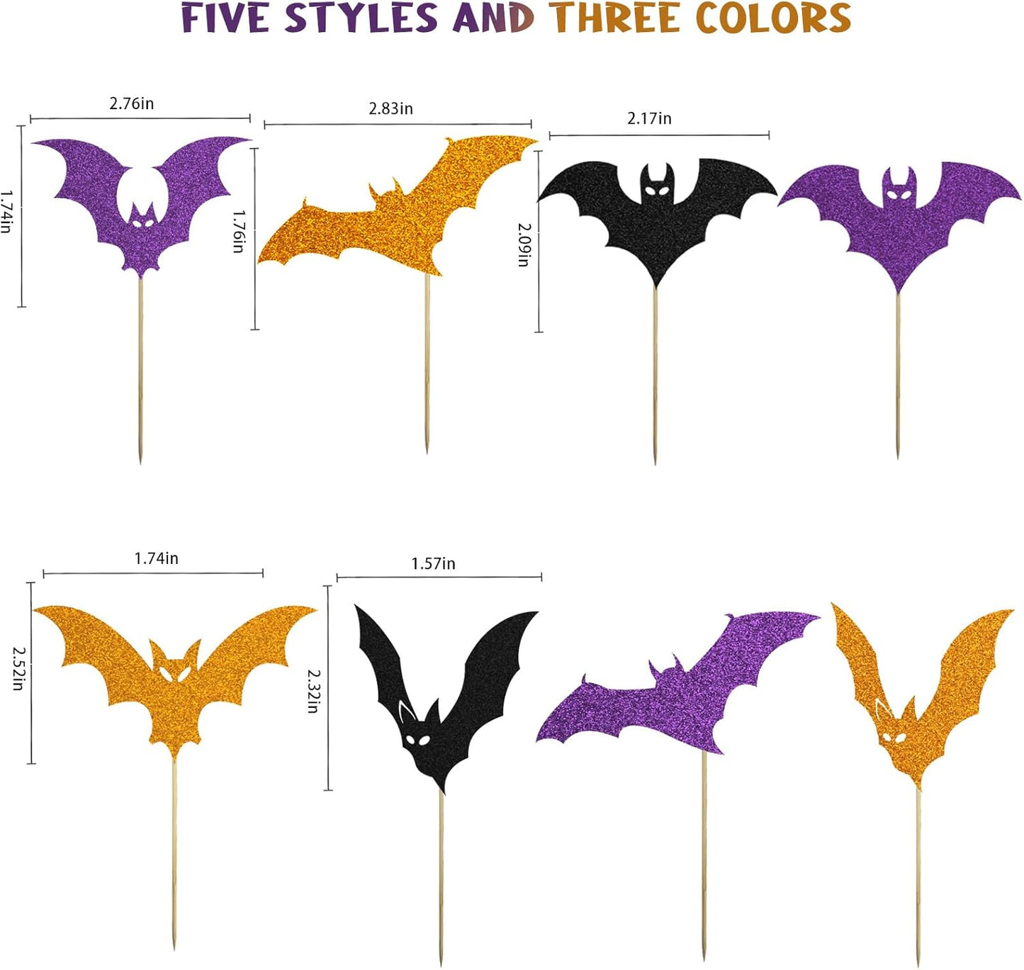 YQUQWN 24 PCS Halloween Black Orange Purple Glitter Bat Cupcake Decorations, Halloween Cupcake Selection, Suitable for Children's Birthday Party, Theme Party, Baby Shower Event Decoration Supplies