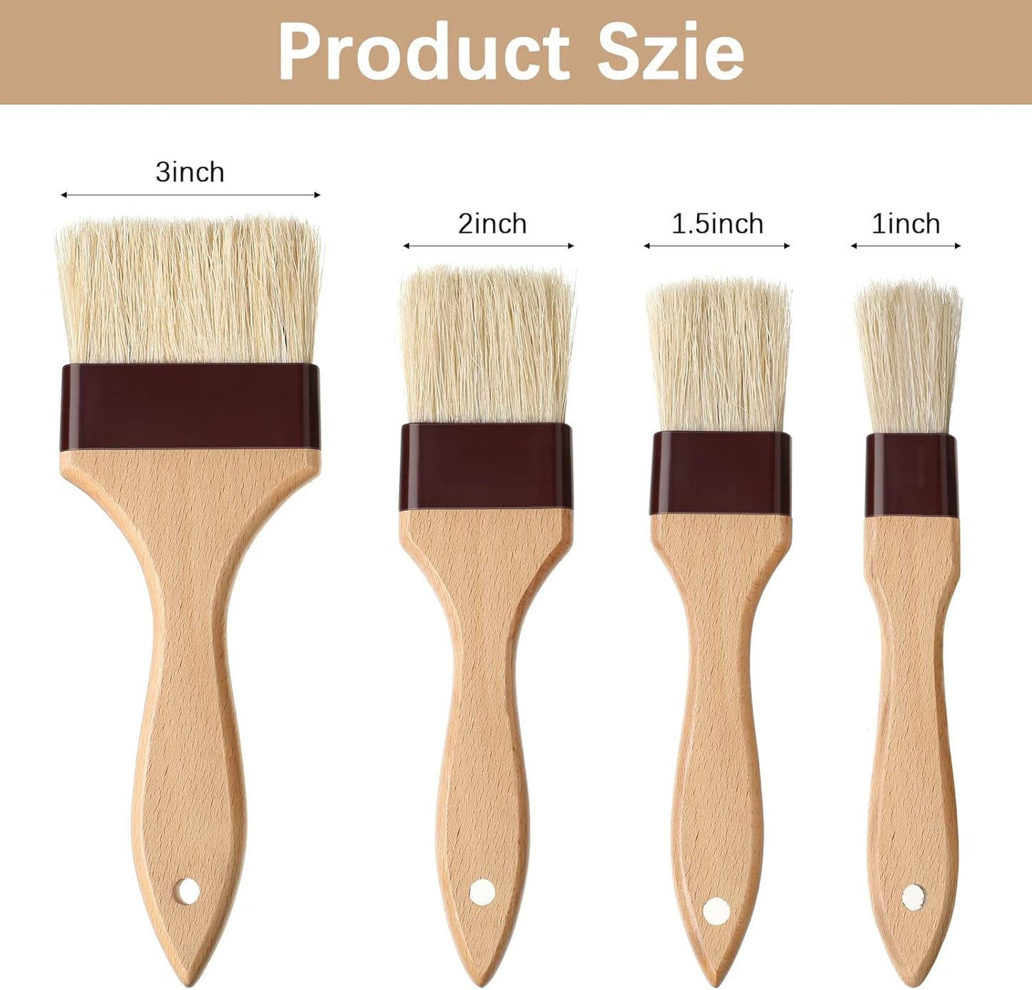 Boao 4 Pieces Natural Bristle Pastry Brush Beech Wooden Handle Basting and BBQ Brushes for Cooking, Butter, Oil, Egg, Marinade, Grilling, Baking, Kitchen Food(1 Inch, 1.5 Inch, 2 Inch, 3 Inch)
