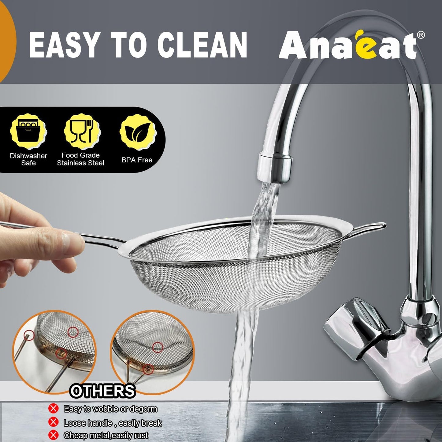 Anaeat Fine Mesh Strainers - Premium Stainless Steel Colander Sieve Sifters, with Durable Mesh and Sturdy Handle, Excellent for Sifting Dry ingredients, Flour, Pastas, Rice, Tea (3.15"+5.5"+7.87")