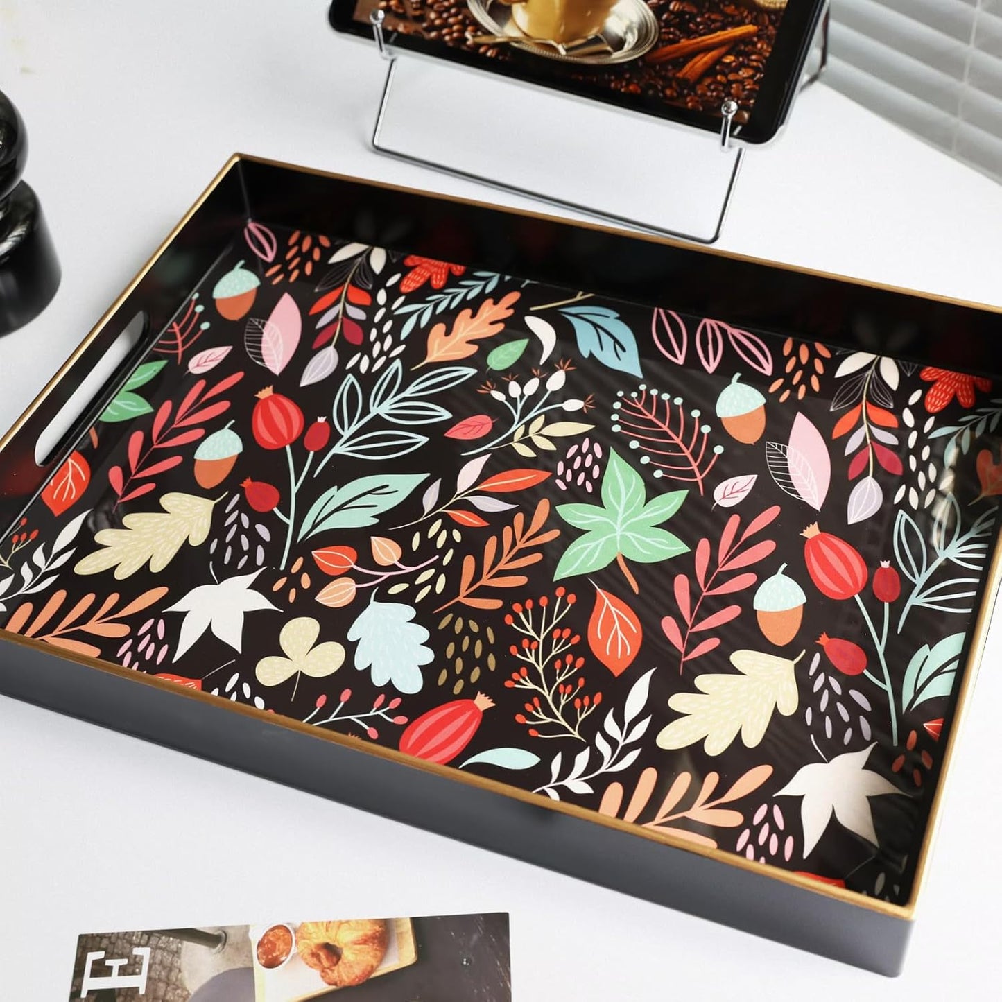 Rectangle Serving Tray with Handles, Coffee Table Tray for Ottoman, Organizer Vanity Tray for Living Room, Outdoor Tray for Patio Entertaining, Serving Breakfast Kitchen Platter LEE3040BH