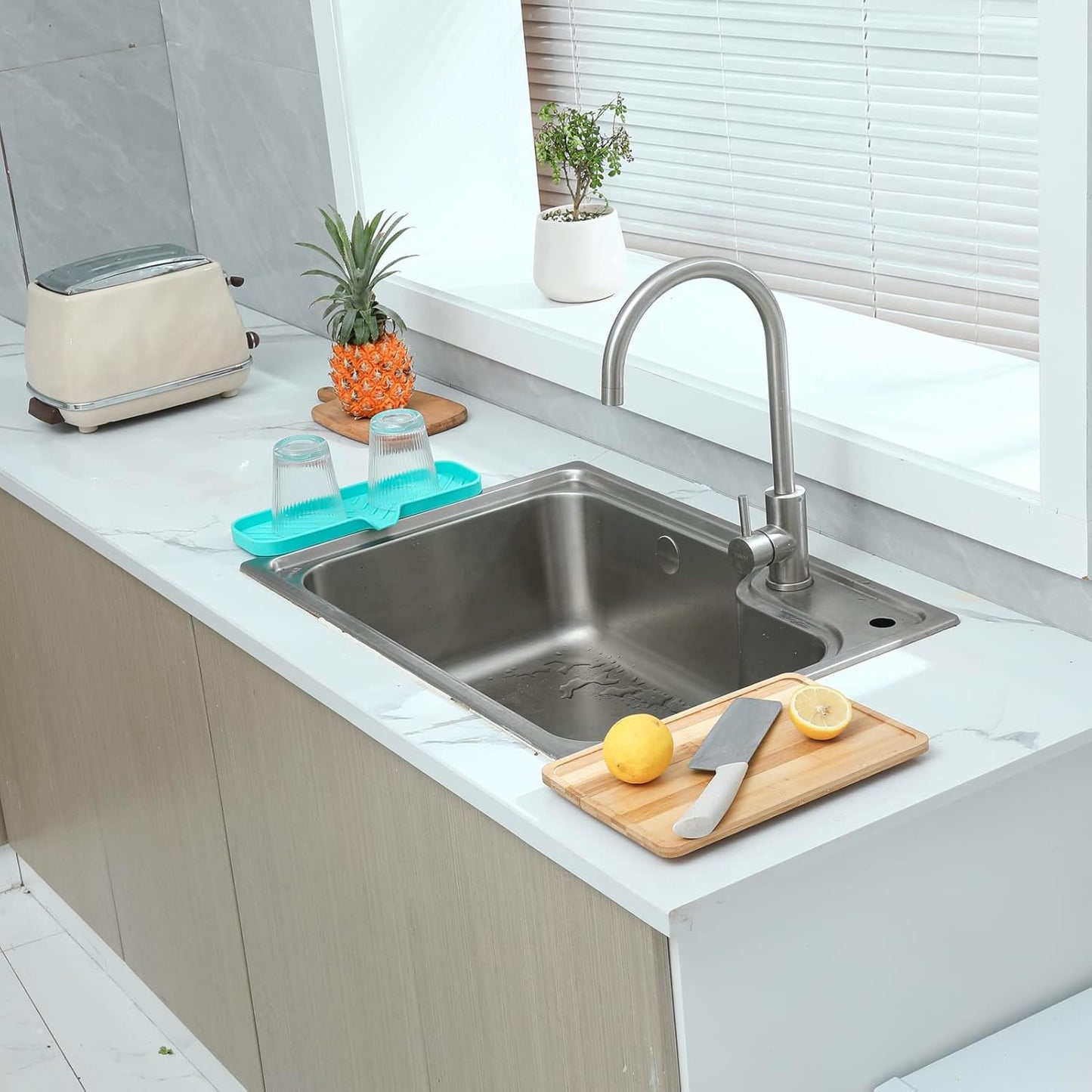 Silicone Bathroom Soap Dishes with Drain Spout-Bathroom and Kitchen Sink Organizer,Sponge Holder,Dish Soap Tray,Perfect for Dispenser,Scrubber,Bottle,Cup on Sink or Counter-Mint 12"×4"