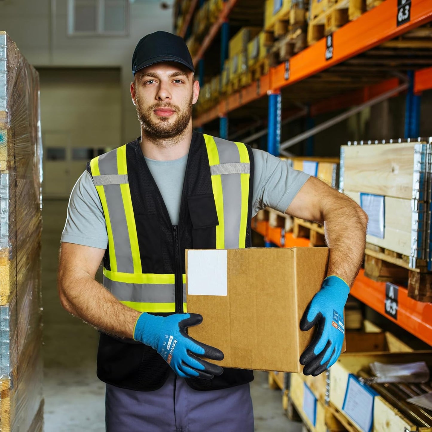 KAYGO Safety Work Gloves PU Coated for Men and Women, KG11P 12 Pairs Seamless Knit Glove with Two Fingers Touchscreen,Ideal for General Duty Work (Blue,M)