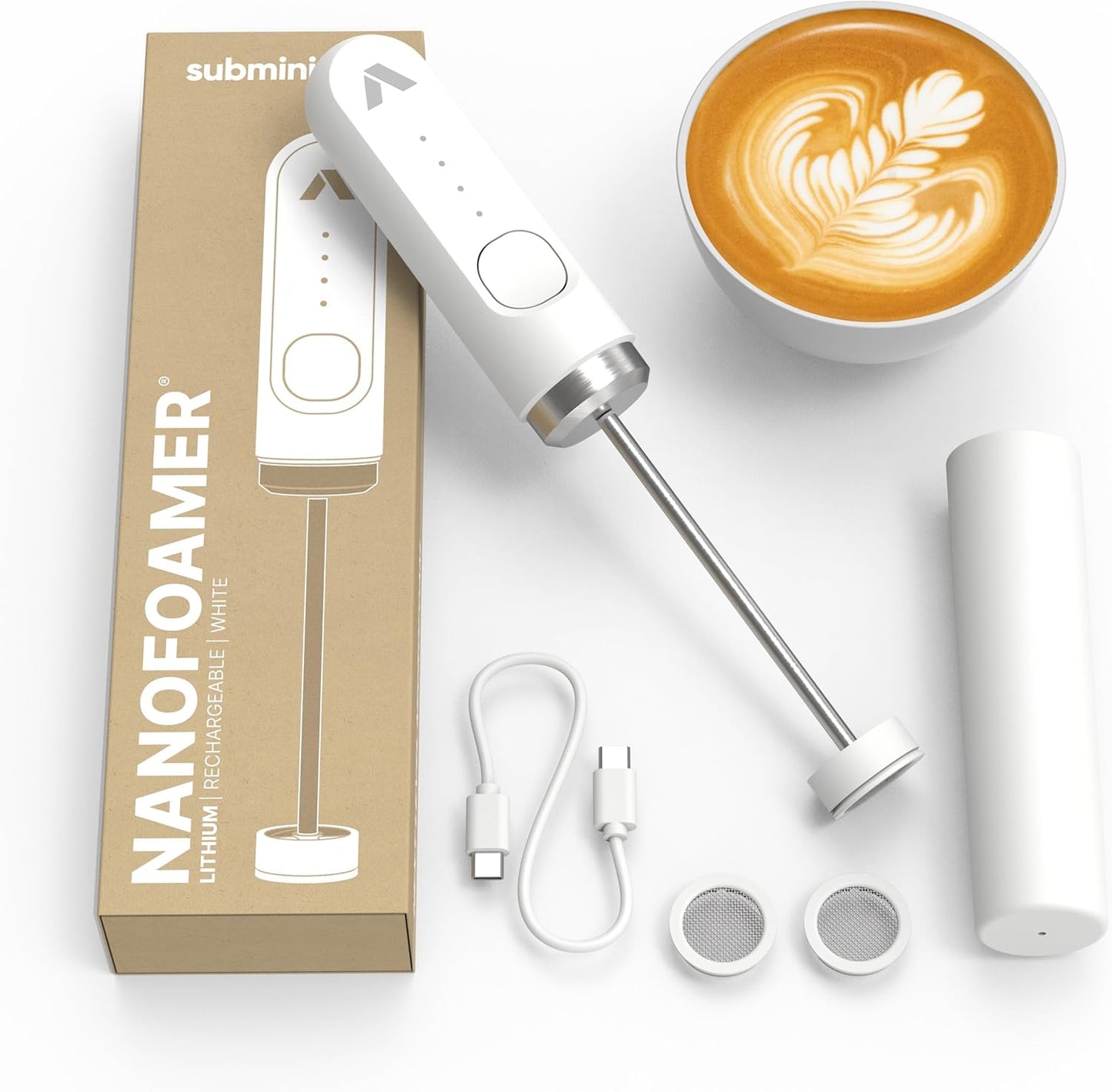 Subminimal Performance Milk Foamer - NanoFoamer Lithium Handheld Frother - Rechargeable, Dual-Speed - Microfoamed Milk in 30 Seconds, Barista-Style Coffee Drinks at Home - White Special Edition