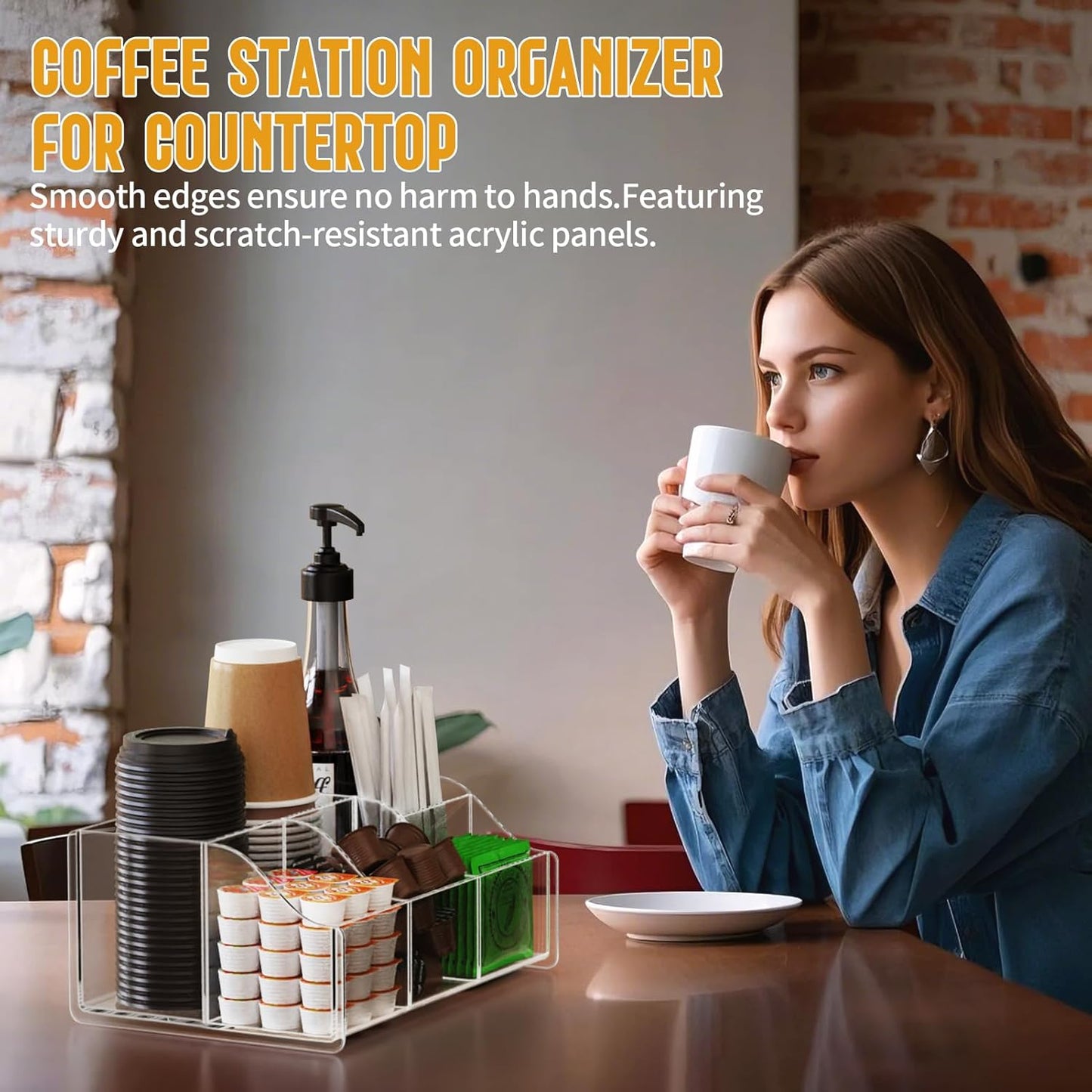 Acrylic Coffee Bar Organizer Station - Multiple Compartments - Kitchen Bar Tools Storage Rack - Beverage Station Organizer for Coffee Creamer Syrup