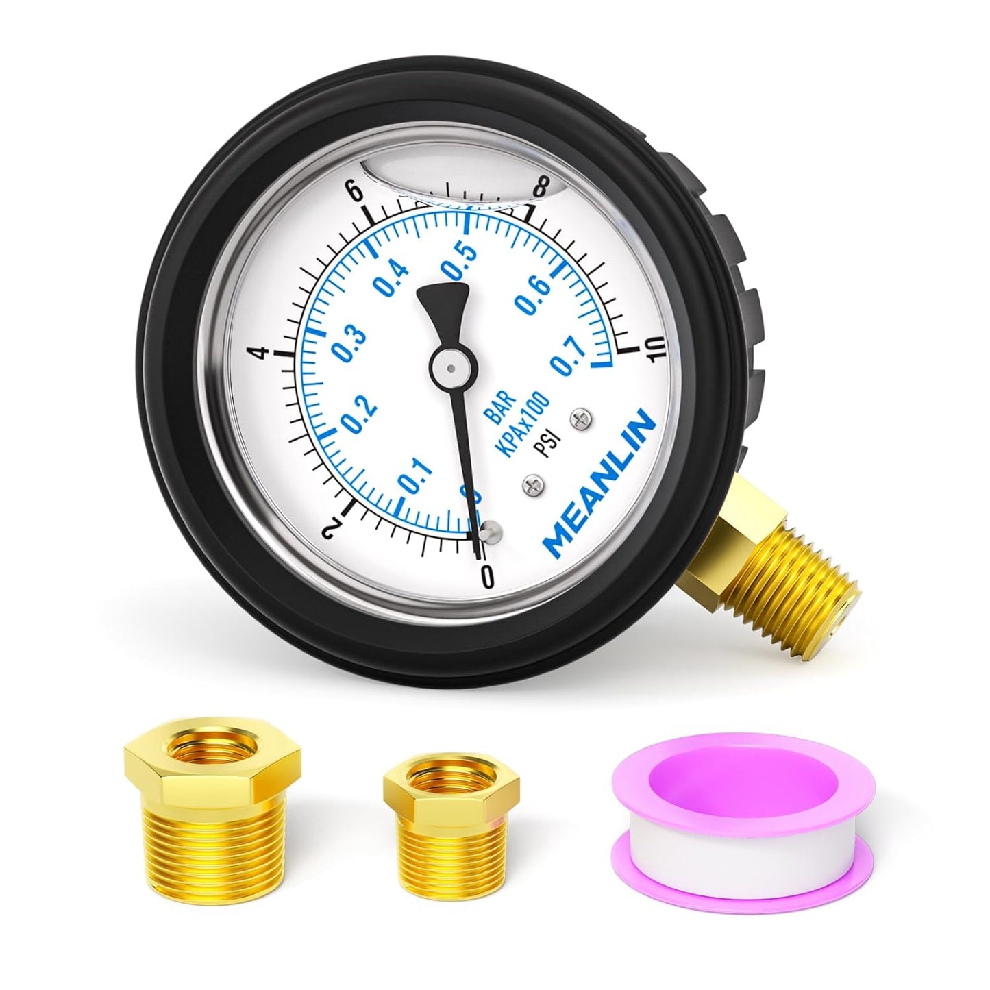 MEANLIN MEASURE 0~10Psi Stainless Steel 1/4" NPT 2.5" FACE DIAL Liquid Filled Pressure Gauge, Lower Mount (with Rubber Protective Sleeve), with 1/2" NPT and 3/8" NPT Hex Bushing