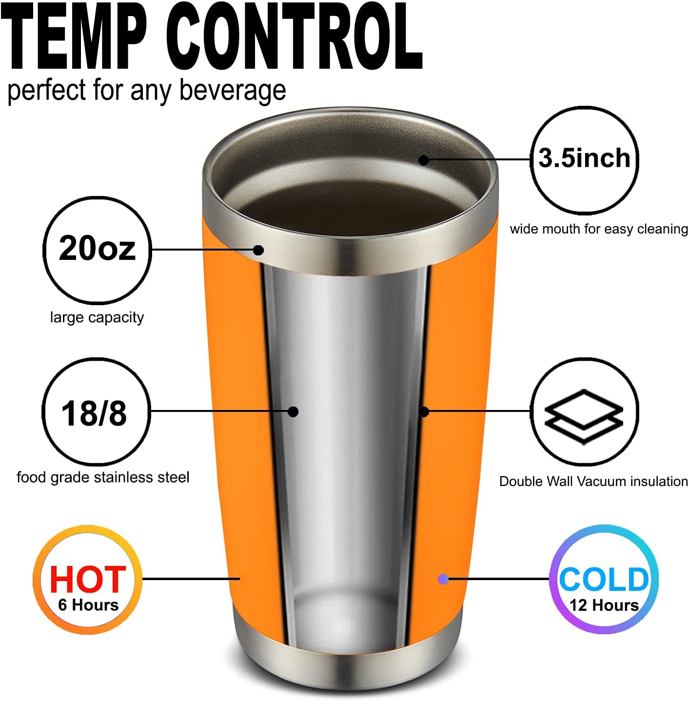 COMOOO 20oz Double Wall Vacuum Insulated Travel Mug, Stainless Steel Tumbler with Lid and Straw Durable Powder Coated Insulated Coffee Cup for Cold & Hot Drinks（Orange, 1 Pack）