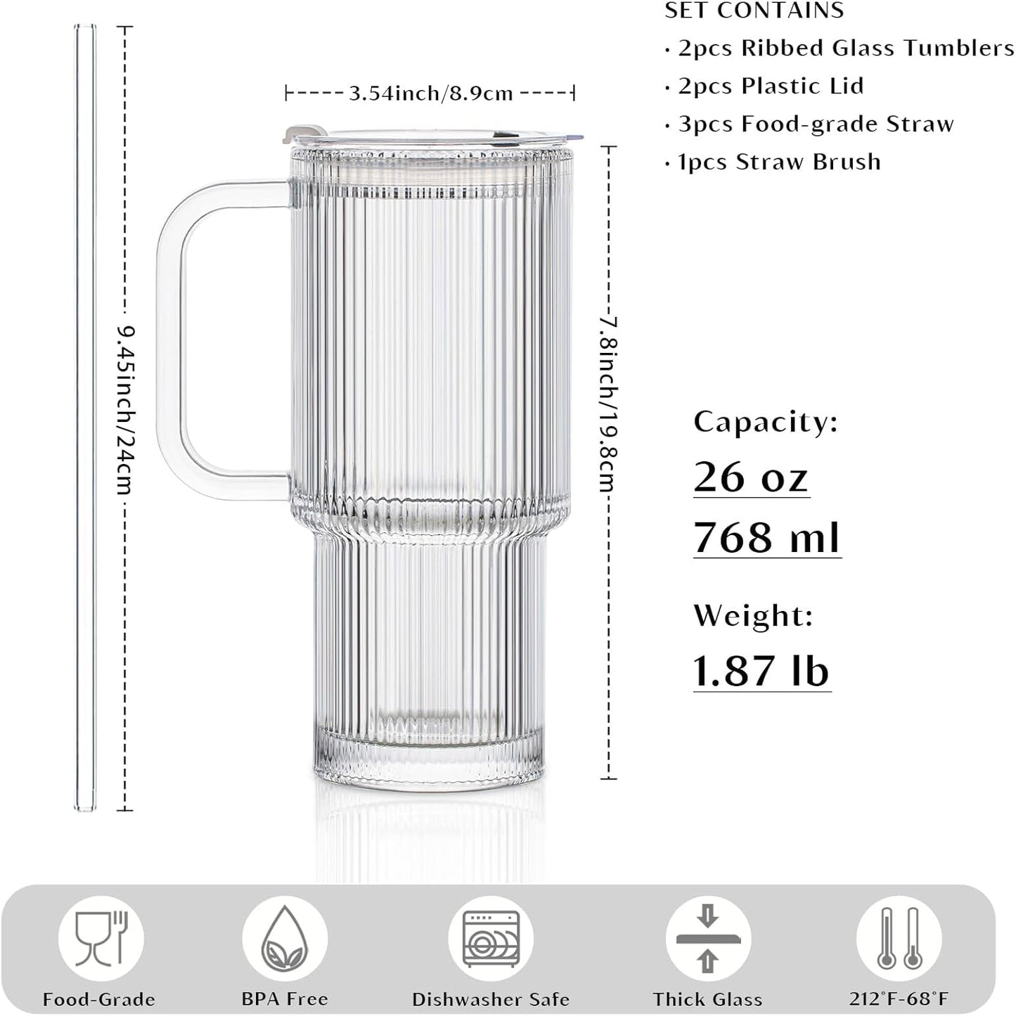 INSETLAN 26oz Ribbed Glass Tumbler with Handle & Lid – 2-Pack Large Iced Coffee Cups with Straws, Modern Glass Mug for Cold & Hot Beverages, Aesthetic Travel Cup for Smoothies, Tea, and Juice