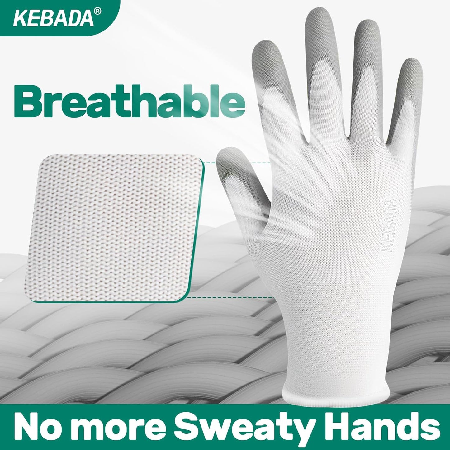 Kebada W1 Work Gloves for Men and Women, 12 Pairs Touchscreen Safety Gloves with Grip, PU-Coated, Ideal for Light & Medium Duty Tasks, White, Medium