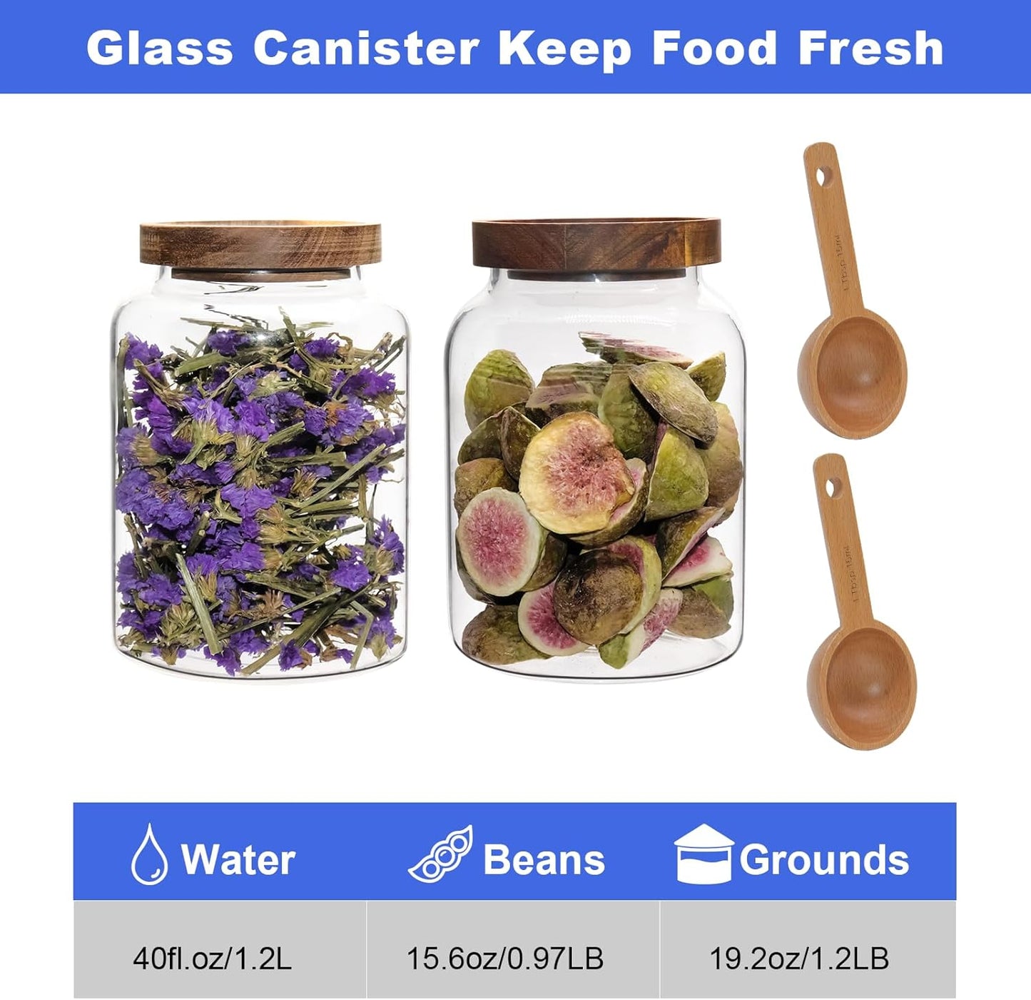 Vacuum Coffee Canister Glass Food Storage Jars With Airtight Lids Borosilicate Glass Coffee Canister Container for Coffee Beans & Grounds Tea Sugar Spices Kitchen (1200ml/40oz -2pack-with spoon)